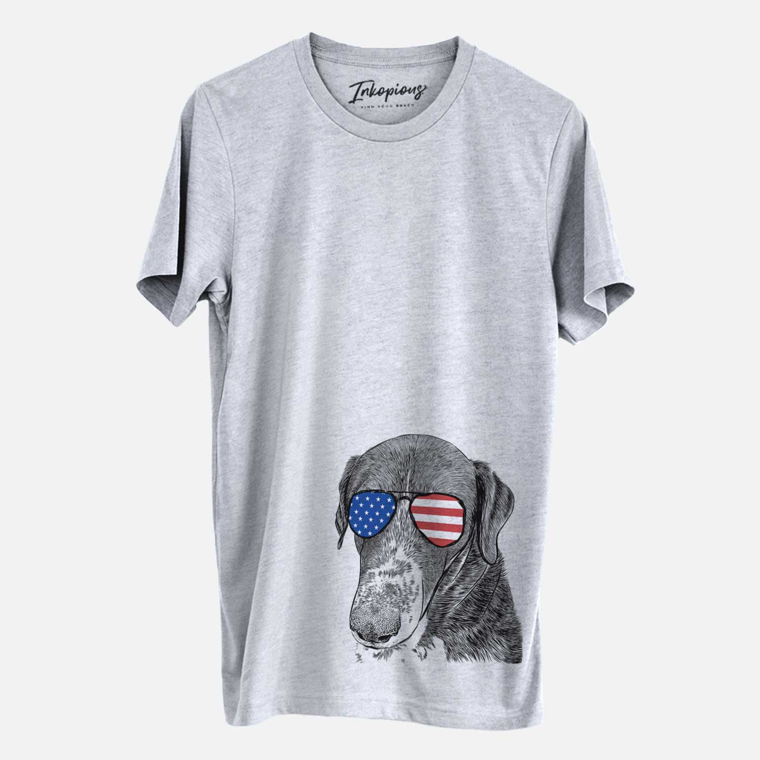 Hand-drawn sketch of Angel Orion the Mixed Breed wearing American flag sunglasses on a Grey Unisex crewneck
