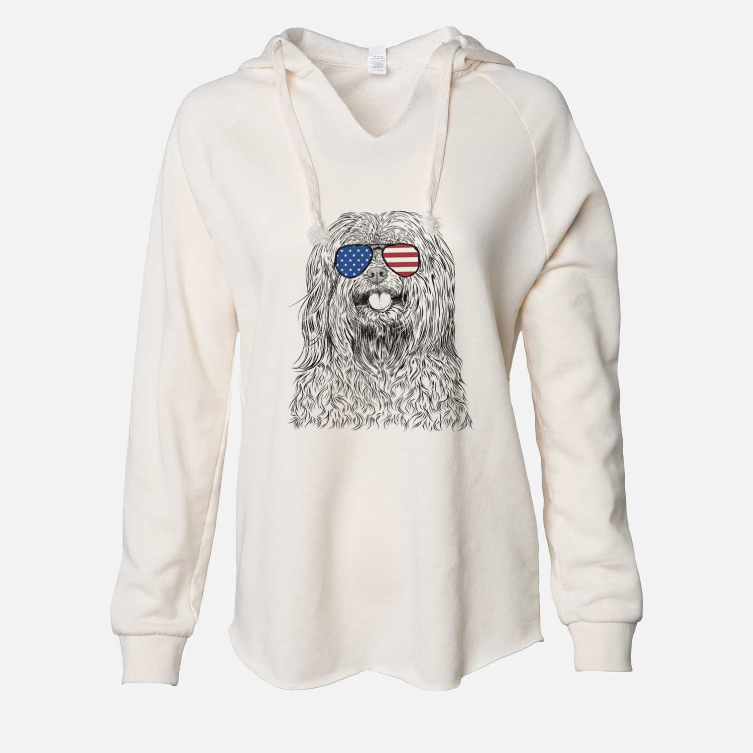 Hand-drawn sketch of Annie the Mixed Breed wearing American flag sunglasses on a Bone Cali Wave Hooded Sweatshirt