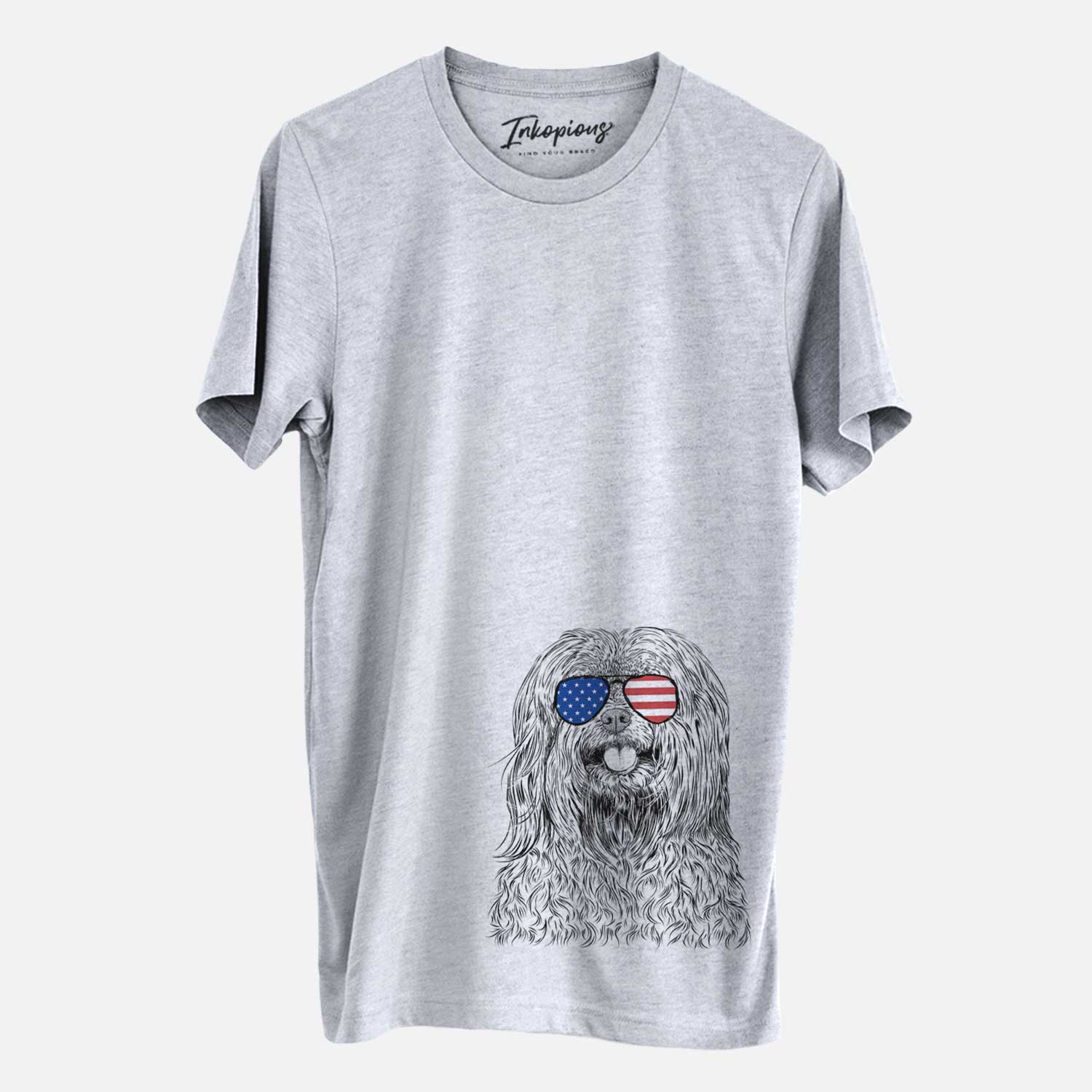 Hand-drawn sketch of Annie the Mixed Breed wearing American flag sunglasses on a Grey Unisex crewneck