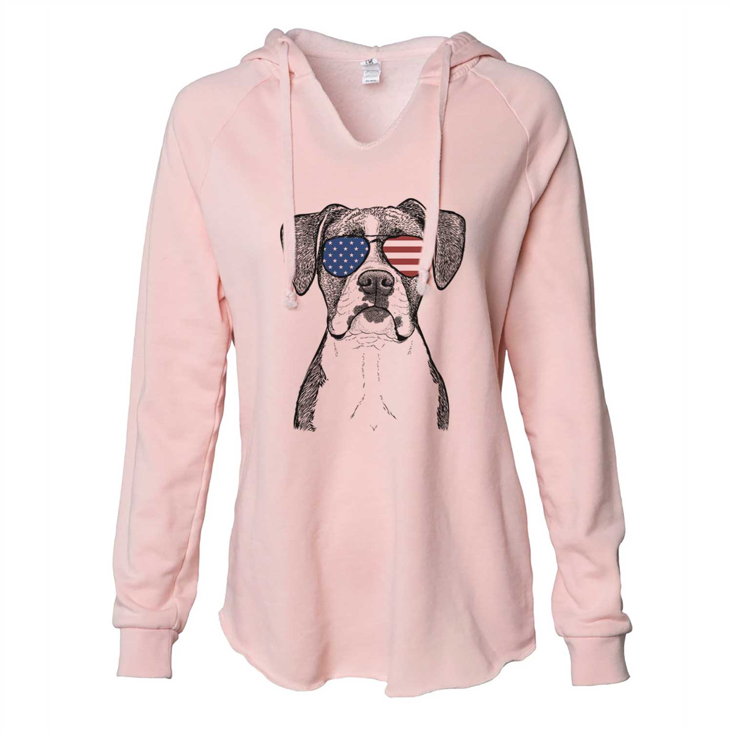 Hand-drawn sketch of Annie the Boxer wearing American flag sunglasses on a Blush Cali Wave Hooded Sweatshirt
