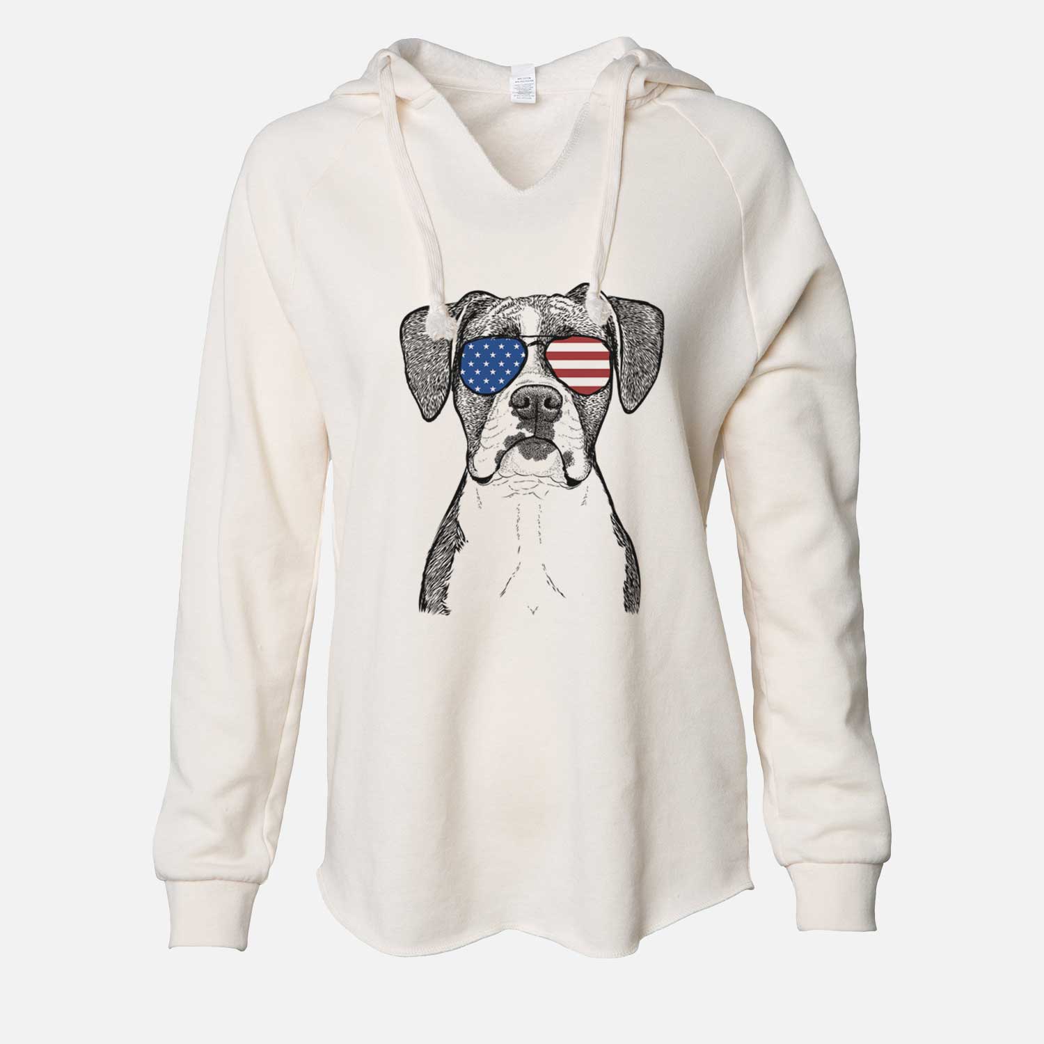 Hand-drawn sketch of Annie the Boxer wearing American flag sunglasses on a Bone Cali Wave Hooded Sweatshirt