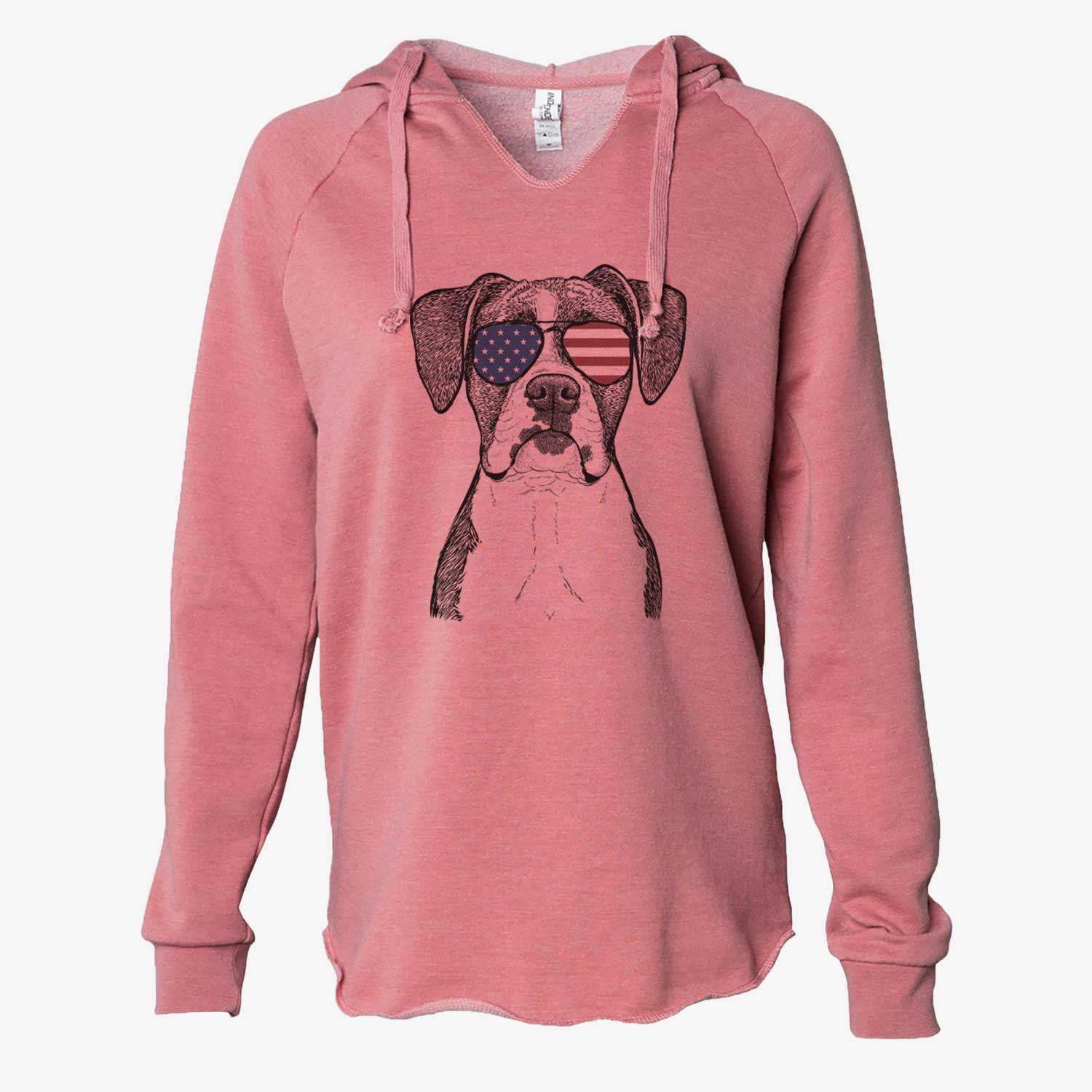Hand-drawn sketch of Annie the Boxer wearing American flag sunglasses on a Dusty Rose Cali Wave Hooded Sweatshirt