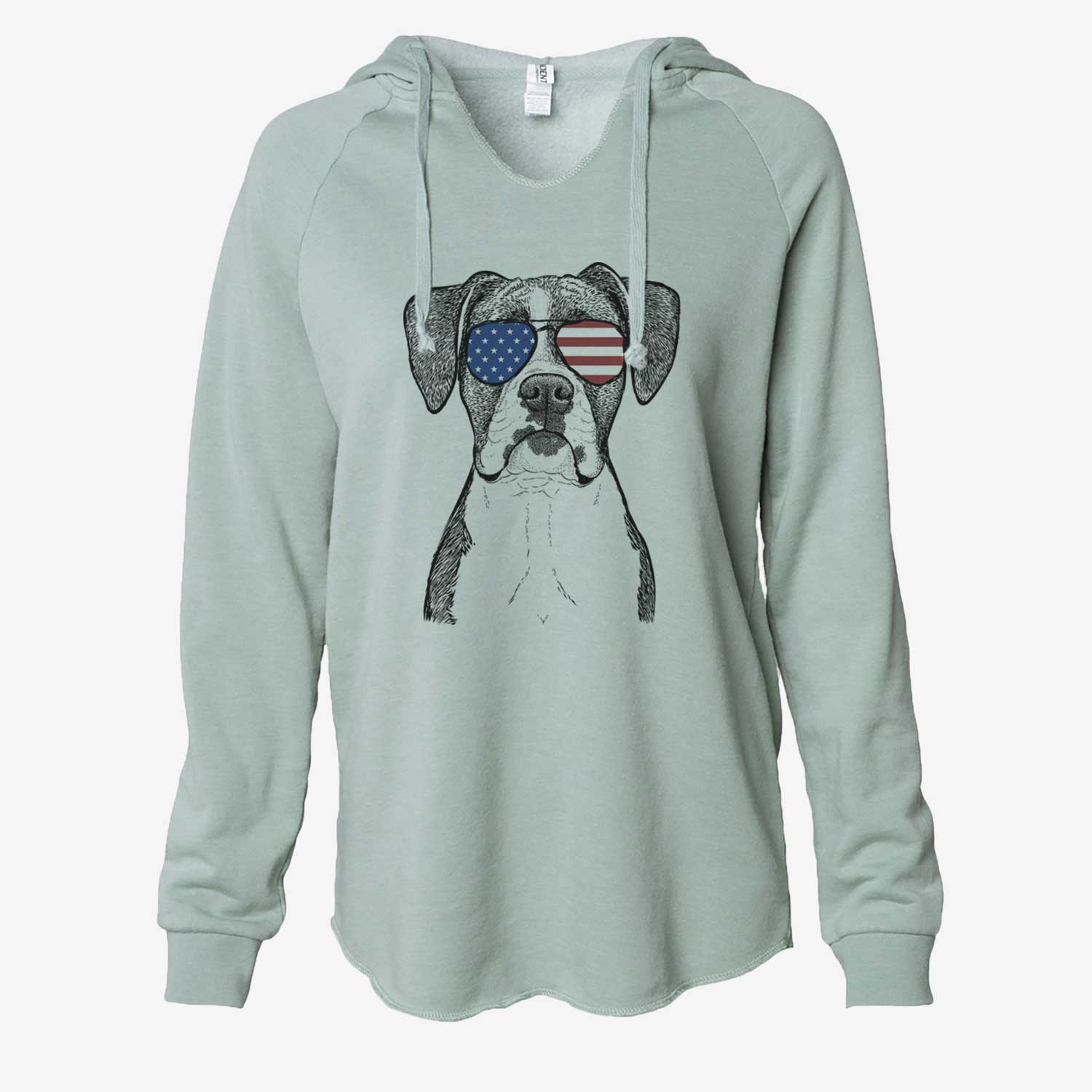 Hand-drawn sketch of Annie the Boxer wearing American flag sunglasses on a Sage Cali Wave Hooded Sweatshirt
