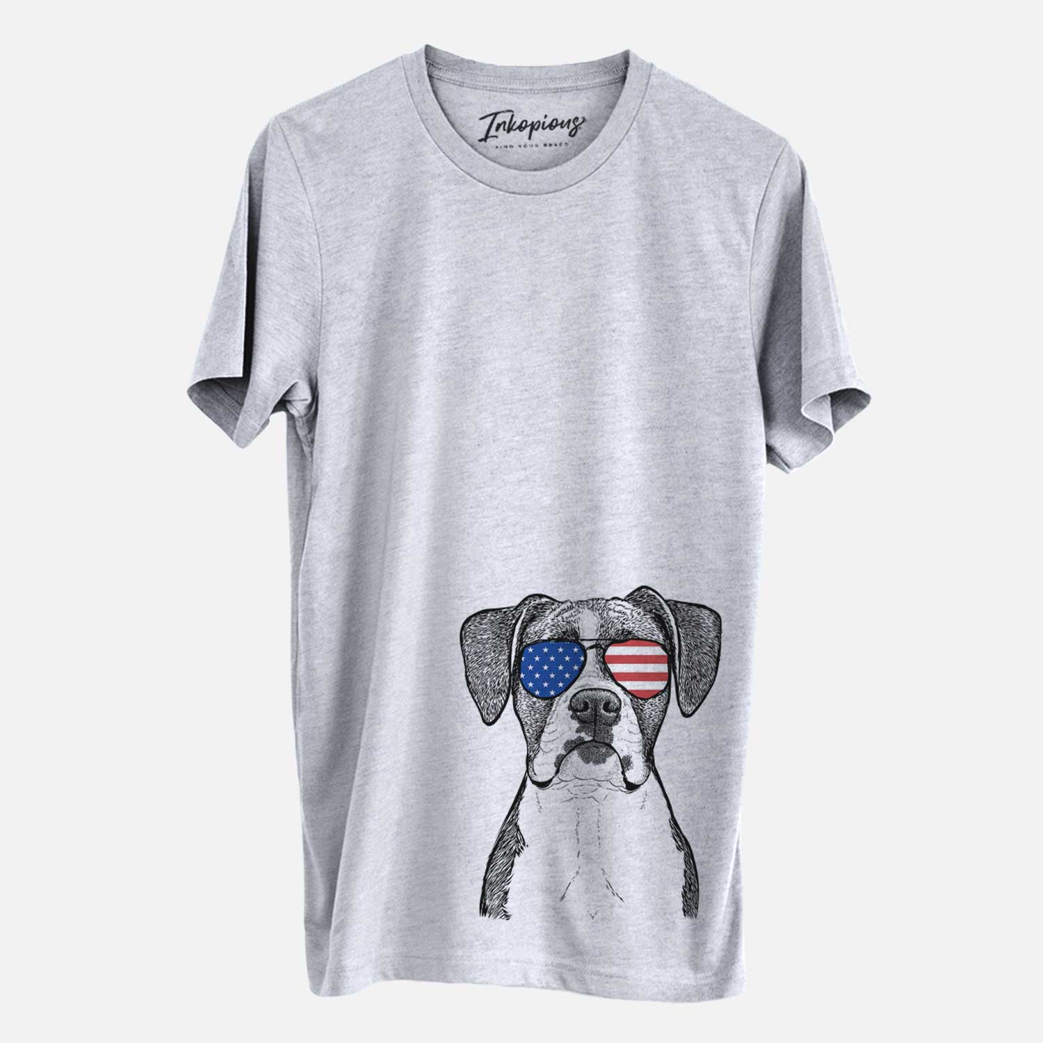 Hand-drawn sketch of Annie the Boxer wearing American flag sunglasses on a Grey Unisex crewneck