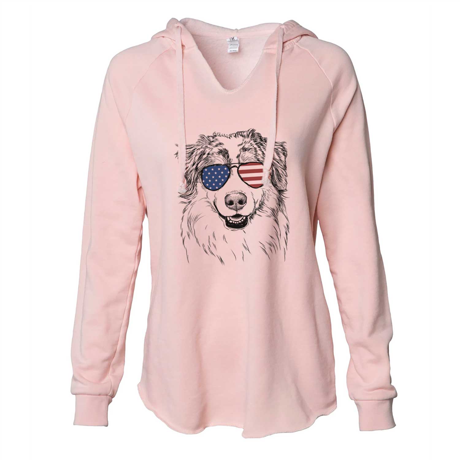 Hand-drawn sketch of Aonghus the Australian Shepherd wearing American flag sunglasses on a Blush Cali Wave Hooded Sweatshirt