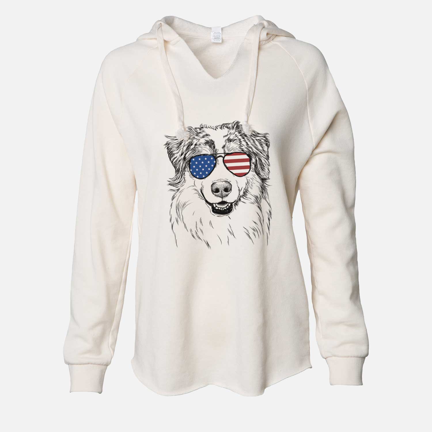Hand-drawn sketch of Aonghus the Australian Shepherd wearing American flag sunglasses on a Bone Cali Wave Hooded Sweatshirt