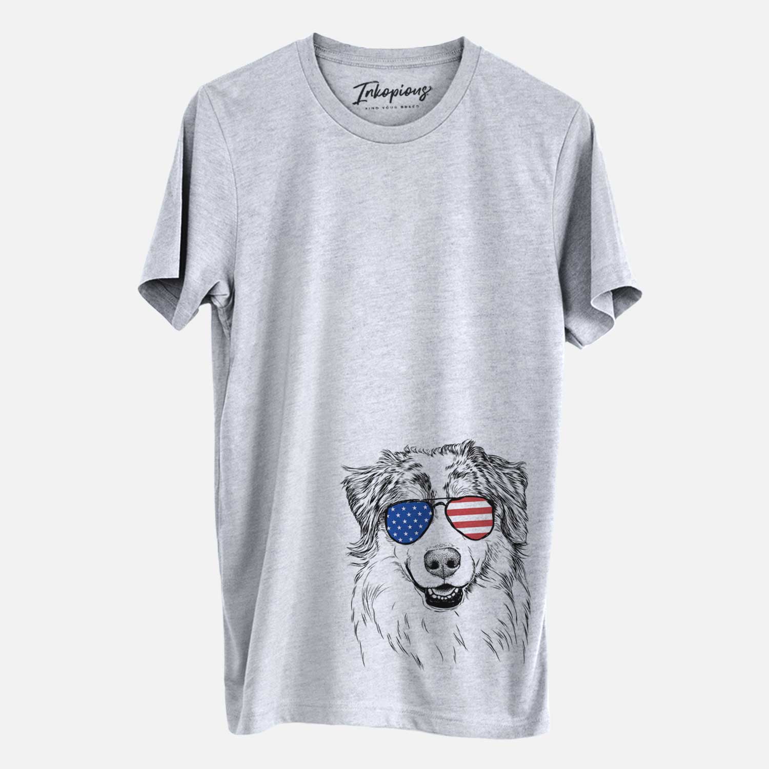 Hand-drawn sketch of Aonghus the Australian Shepherd wearing American flag sunglasses on a Grey Unisex crewneck