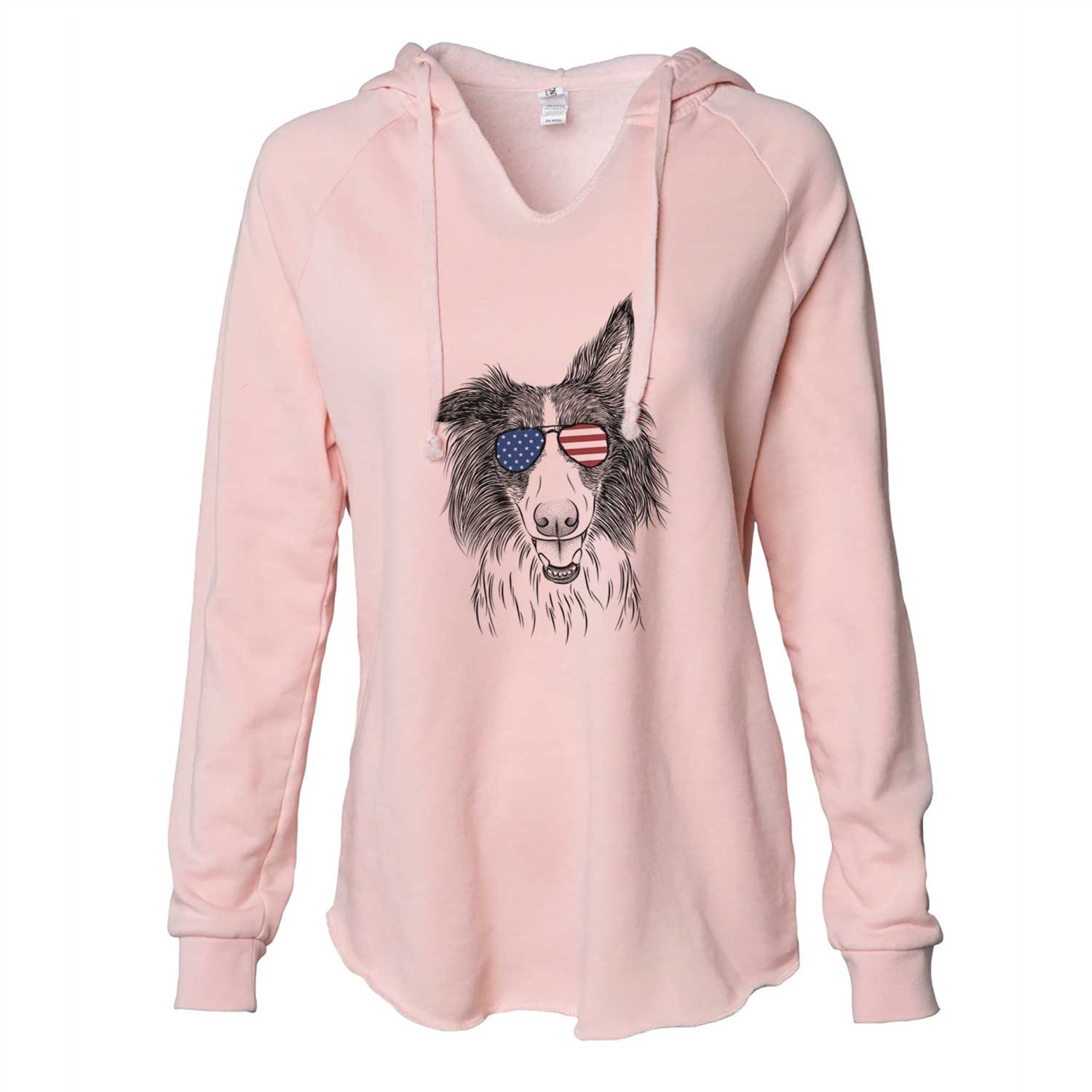 Hand-drawn sketch of Archie the Silken Windhound wearing American flag sunglasses on a Blush Cali Wave Hooded Sweatshirt