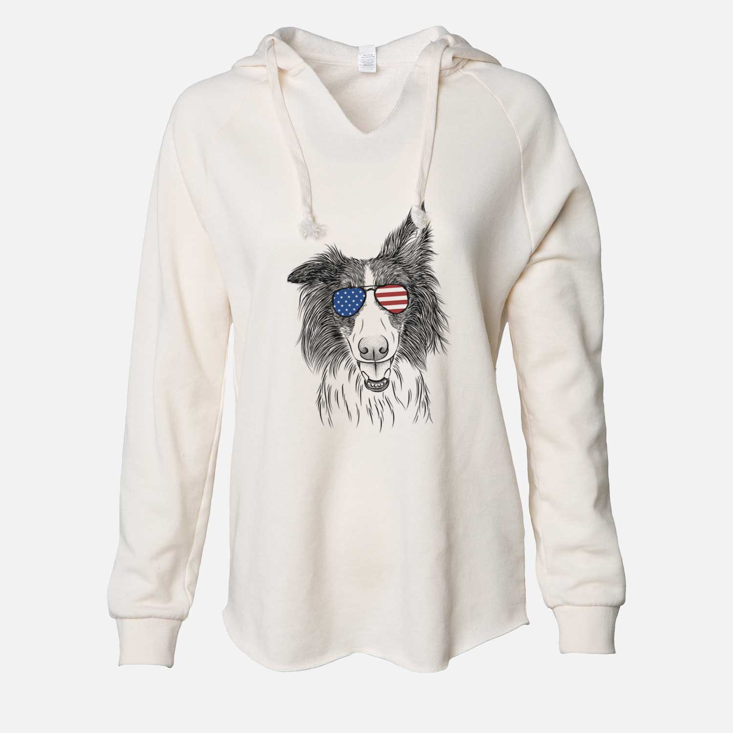 Hand-drawn sketch of Archie the Silken Windhound wearing American flag sunglasses on a Bone Cali Wave Hooded Sweatshirt