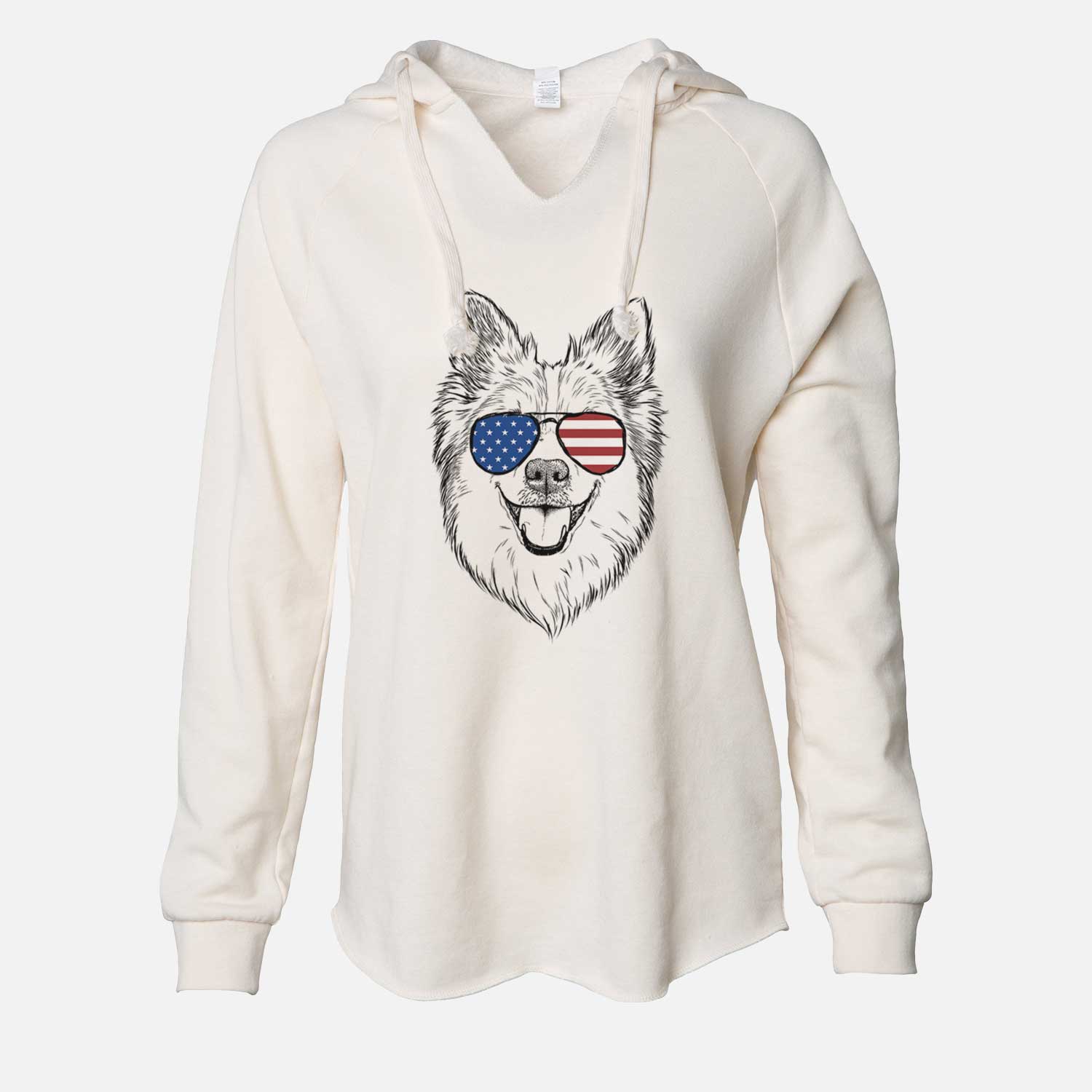 Hand-drawn sketch of Ari the Icelandic Sheepdog wearing American flag sunglasses on a Bone Cali Wave Hooded Sweatshirt