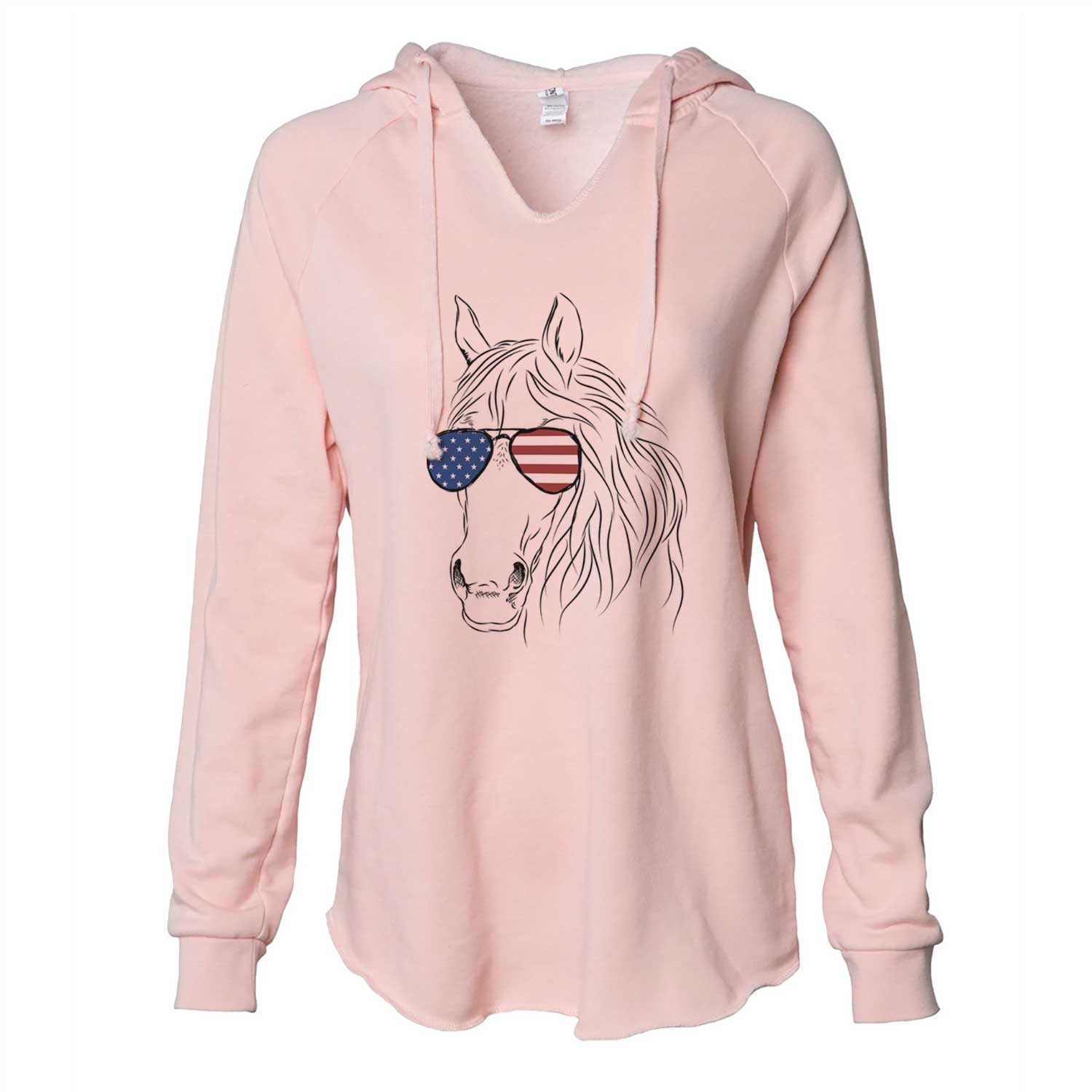 Hand-drawn sketch of Aria the Horse wearing American flag sunglasses on a Blush Cali Wave Hooded Sweatshirt