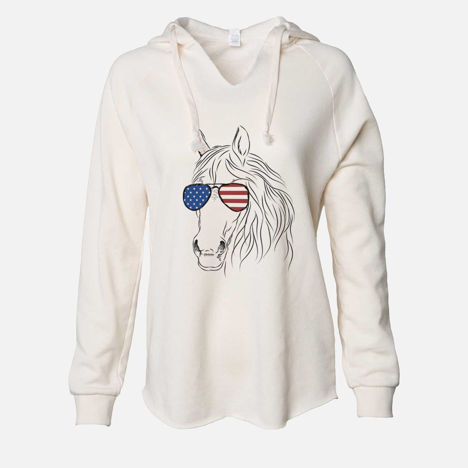Hand-drawn sketch of Aria the Horse wearing American flag sunglasses on a Bone Cali Wave Hooded Sweatshirt