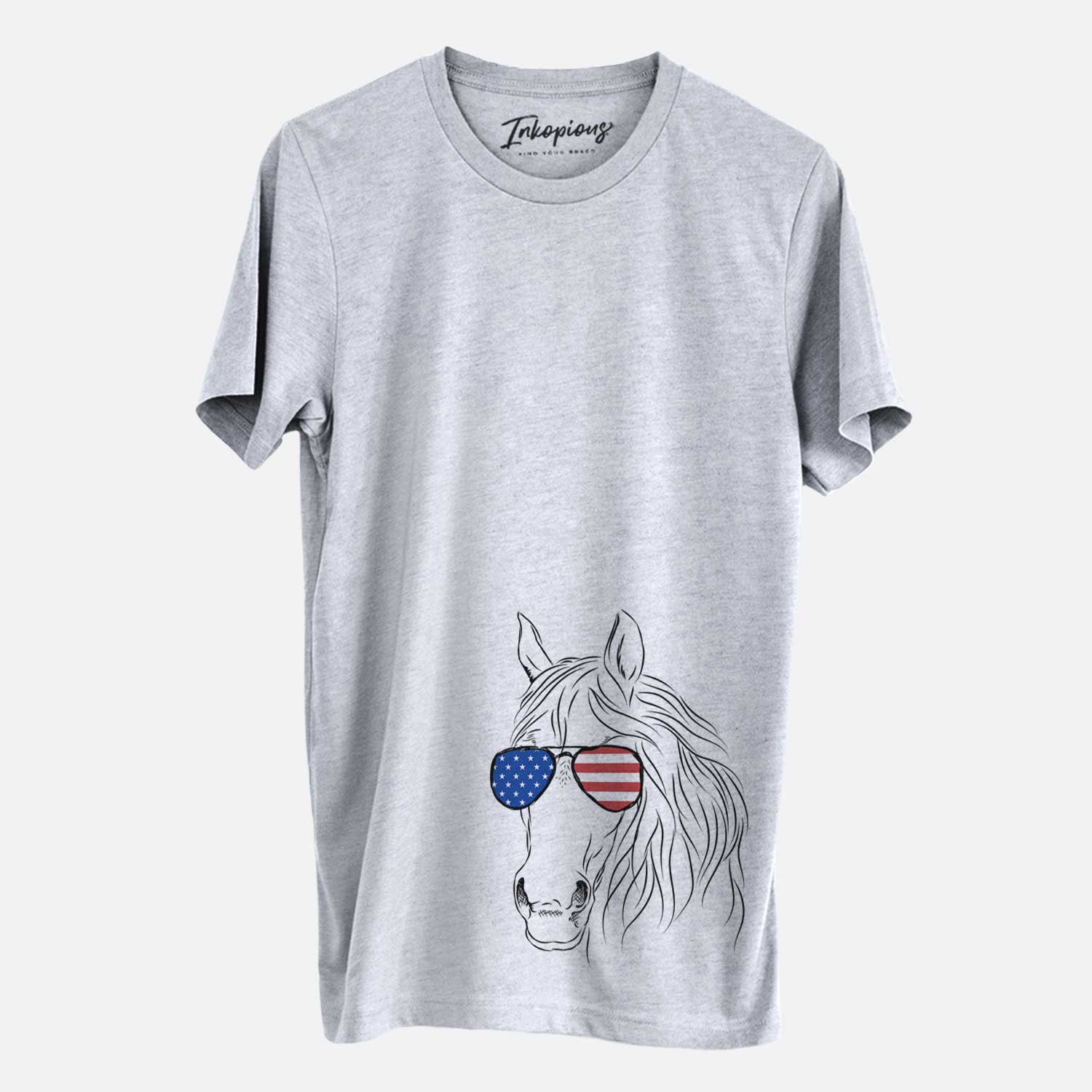 Hand-drawn sketch of Aria the Horse wearing American flag sunglasses on a Grey Unisex crewneck