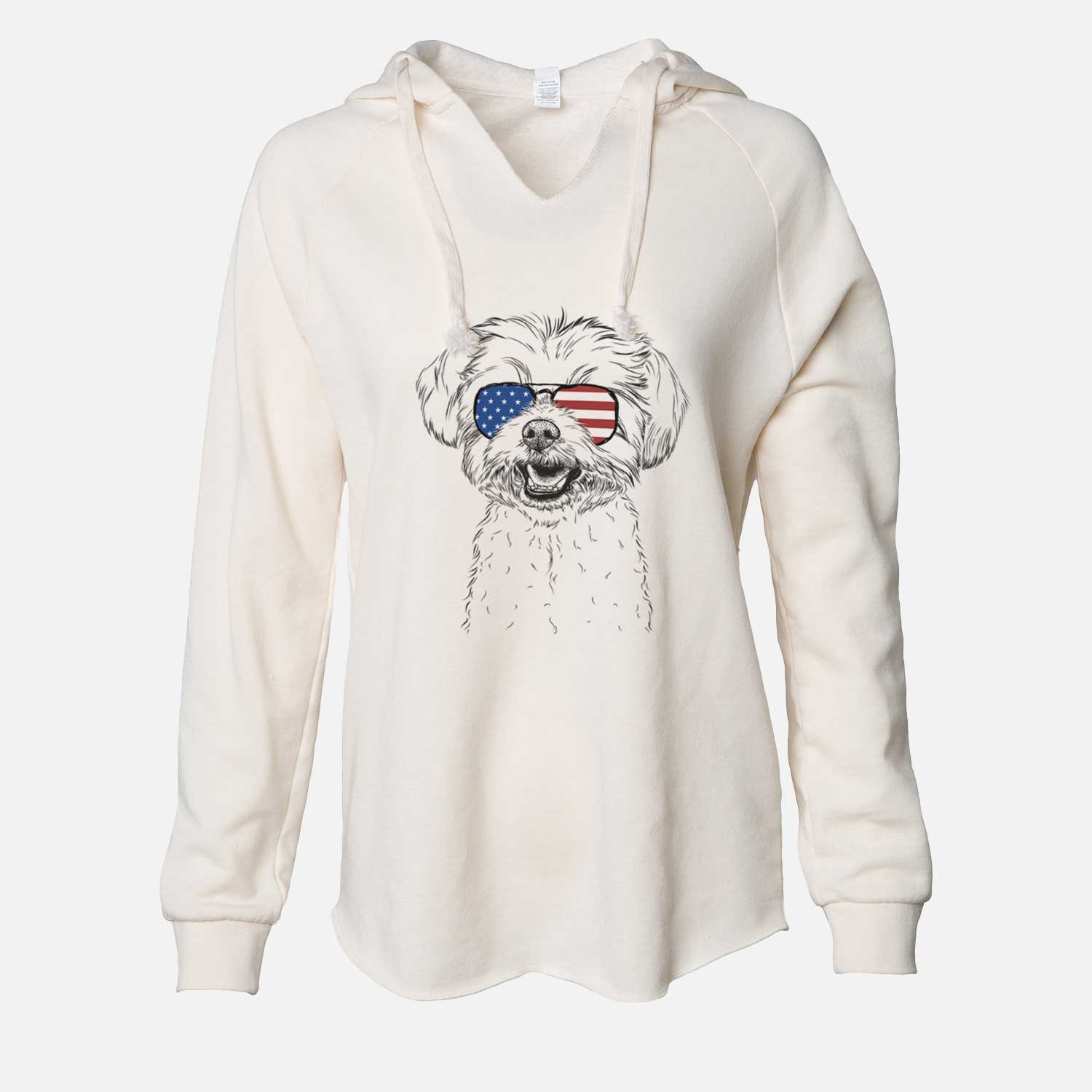 Hand-drawn sketch of Aspen the Morkie wearing American flag sunglasses on a Bone Cali Wave Hooded Sweatshirt