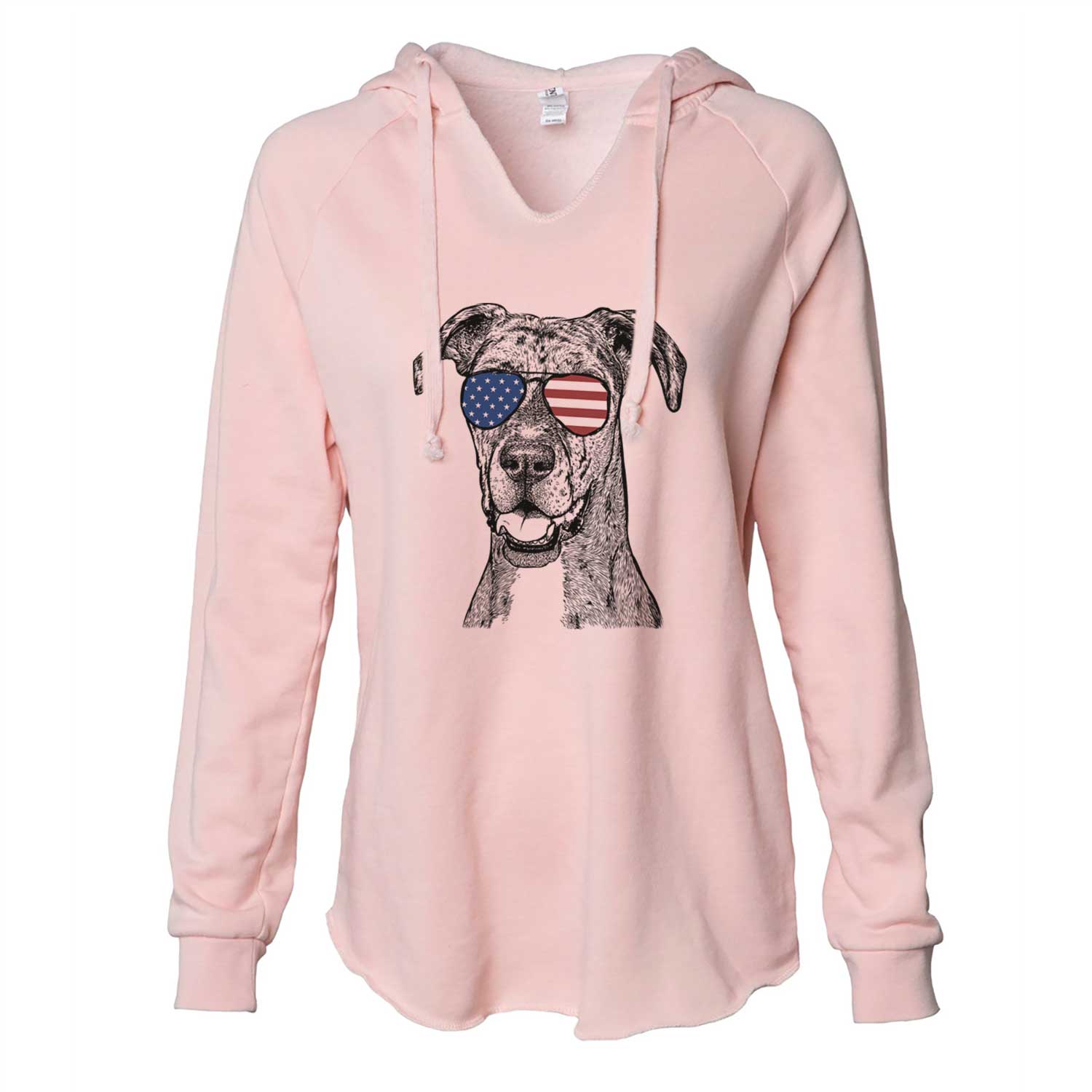 Hand-drawn sketch of Athena the Merle Great Dane wearing American flag sunglasses on a Blush Cali Wave Hooded Sweatshirt