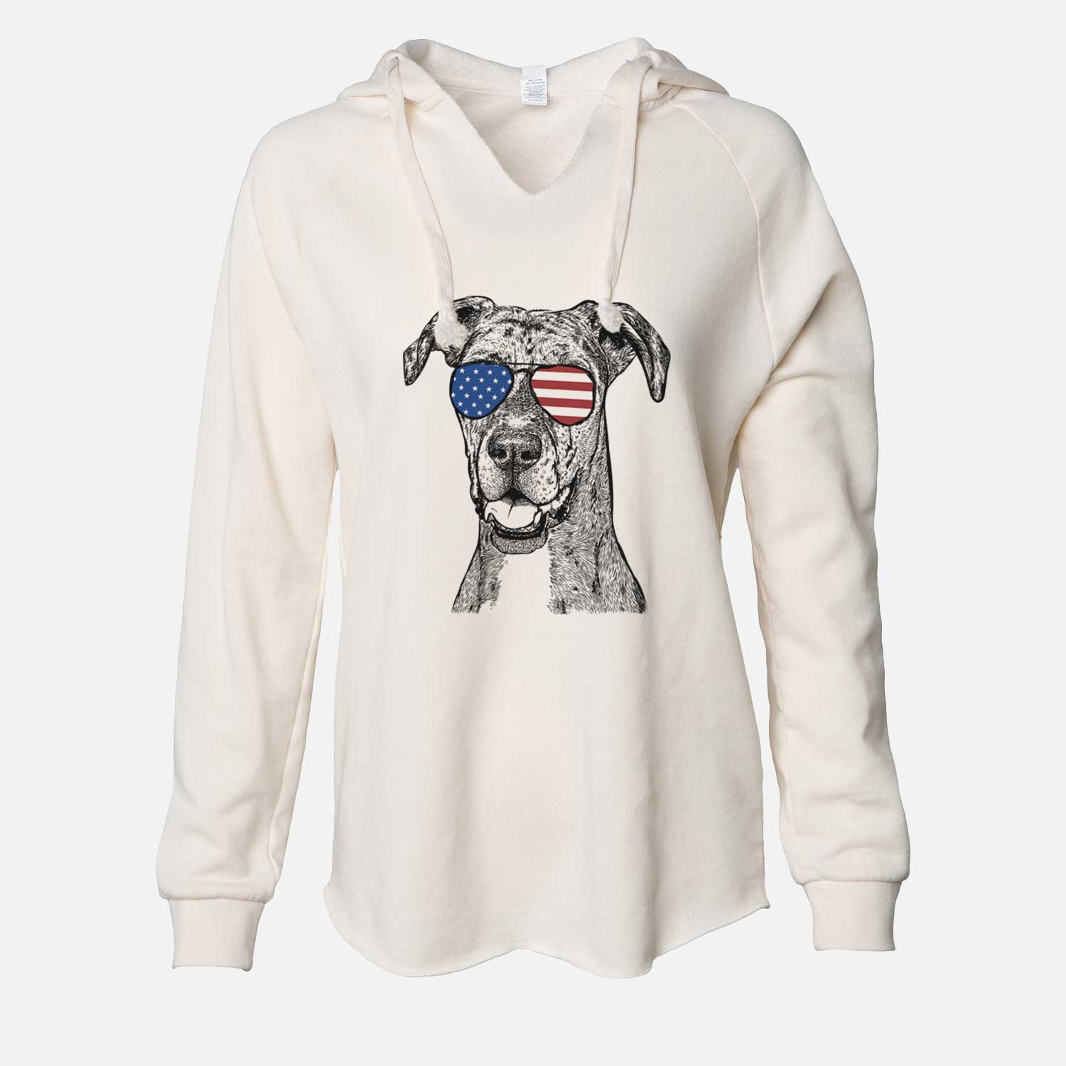 Hand-drawn sketch of Athena the Merle Great Dane wearing American flag sunglasses on a Bone Cali Wave Hooded Sweatshirt
