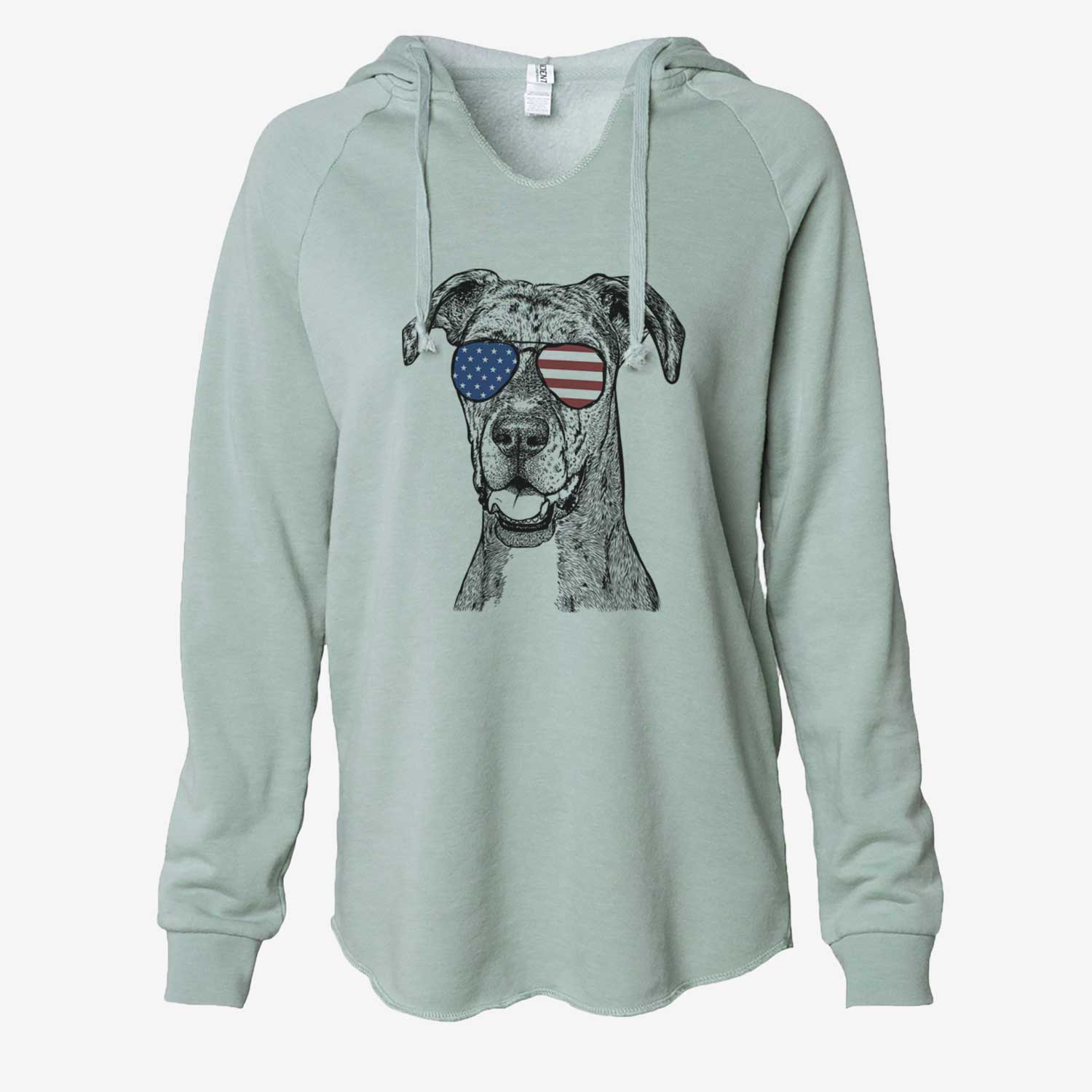 Hand-drawn sketch of Athena the Merle Great Dane wearing American flag sunglasses on a Sage Cali Wave Hooded Sweatshirt