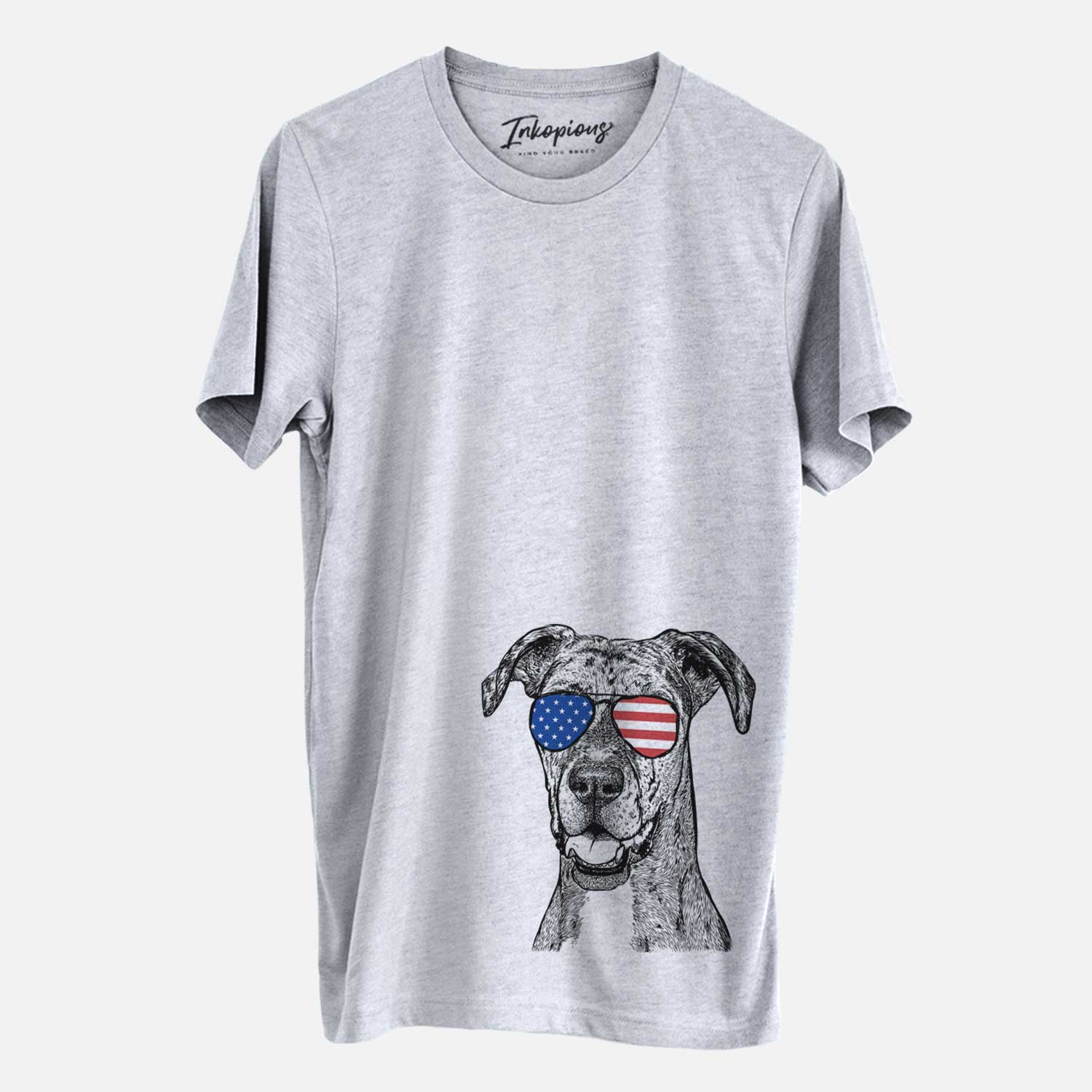 Hand-drawn sketch of Athena the Merle Great Dane wearing American flag sunglasses on a Grey Unisex crewneck