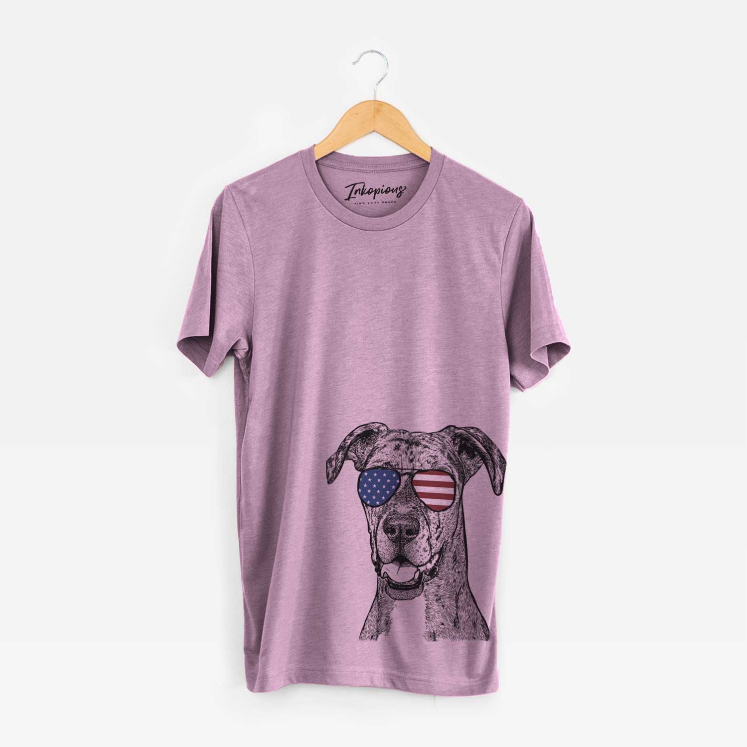 Hand-drawn sketch of Athena the Merle Great Dane wearing American flag sunglasses on an Orchid Unisex crewneck