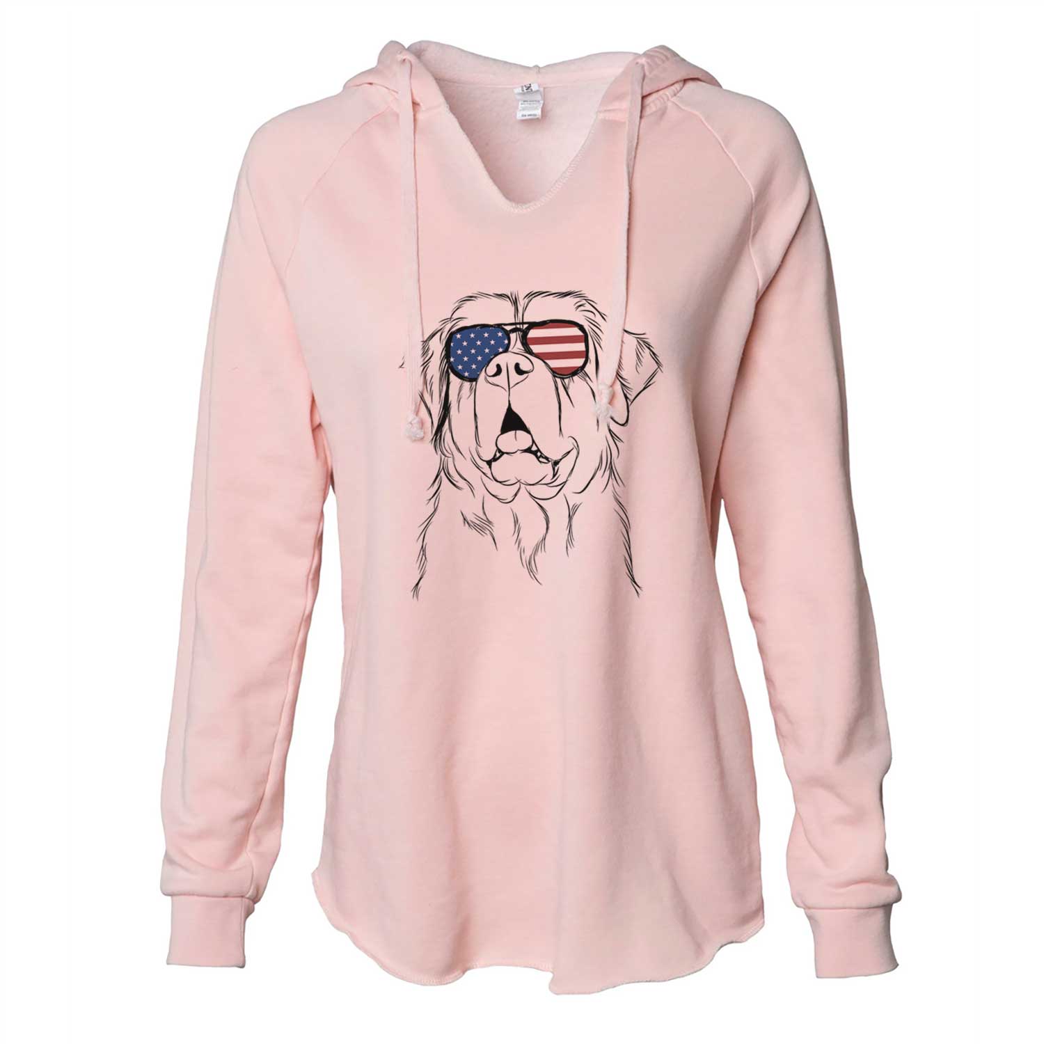 Hand-drawn sketch of Atlas the Saint Bernard wearing American flag sunglasses on a Blush Cali Wave Hooded Sweatshirt