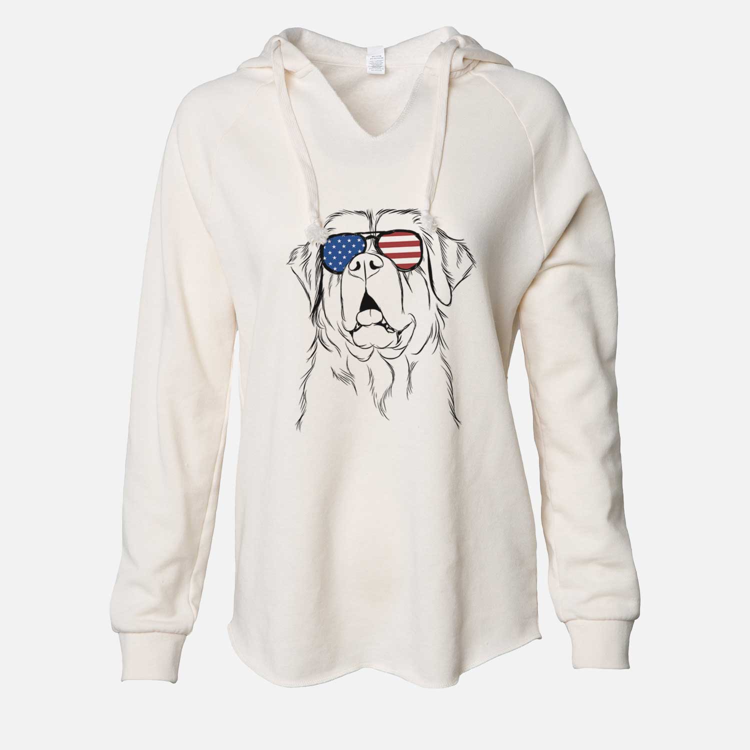 Hand-drawn sketch of Atlas the Saint Bernard wearing American flag sunglasses on a Bone Cali Wave Hooded Sweatshirt