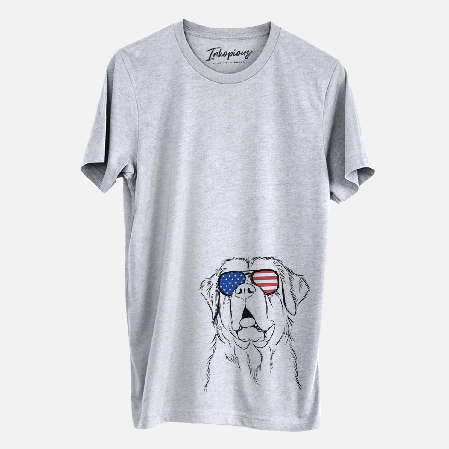 Hand-drawn sketch of Atlas the Saint Bernard wearing American flag sunglasses on a Grey Unisex crewneck