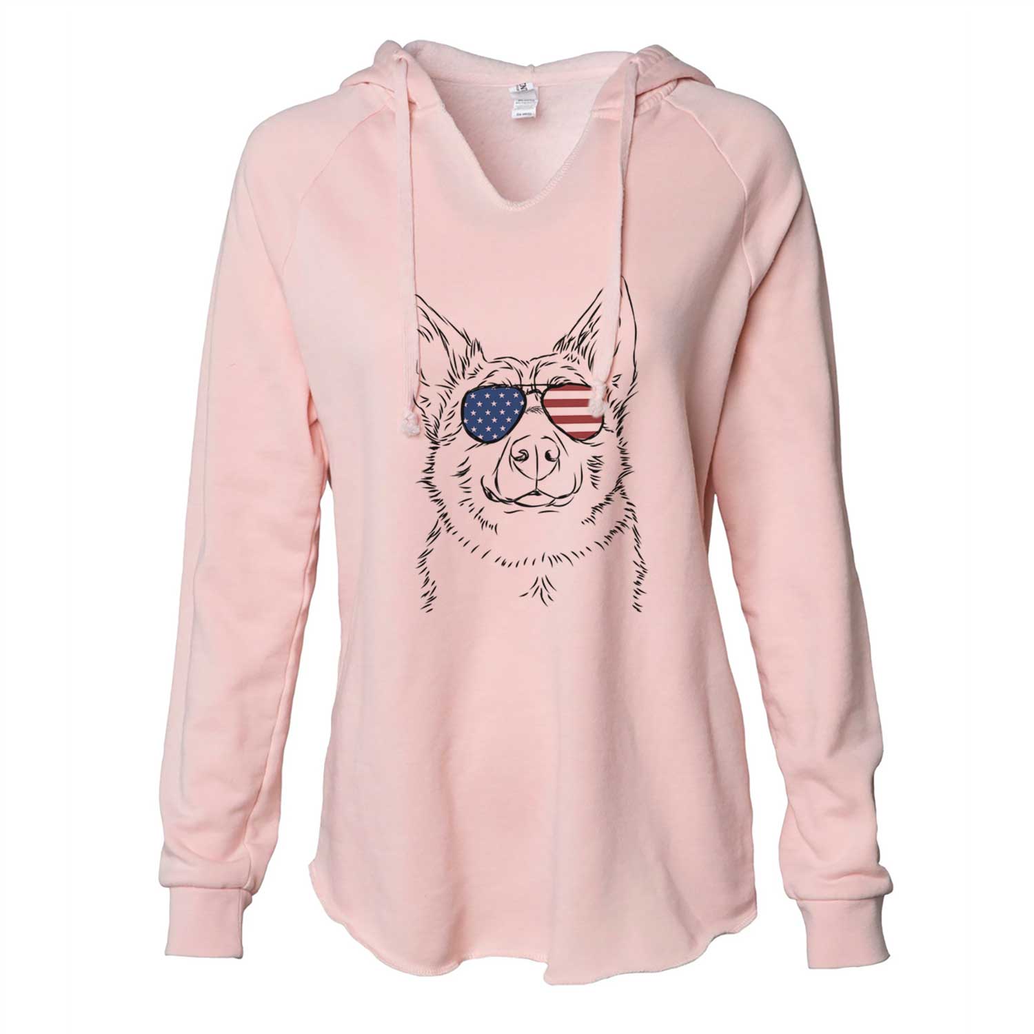 Hand-drawn sketch of Austin the Heeler wearing American flag sunglasses on a Blush Cali Wave Hooded Sweatshirt