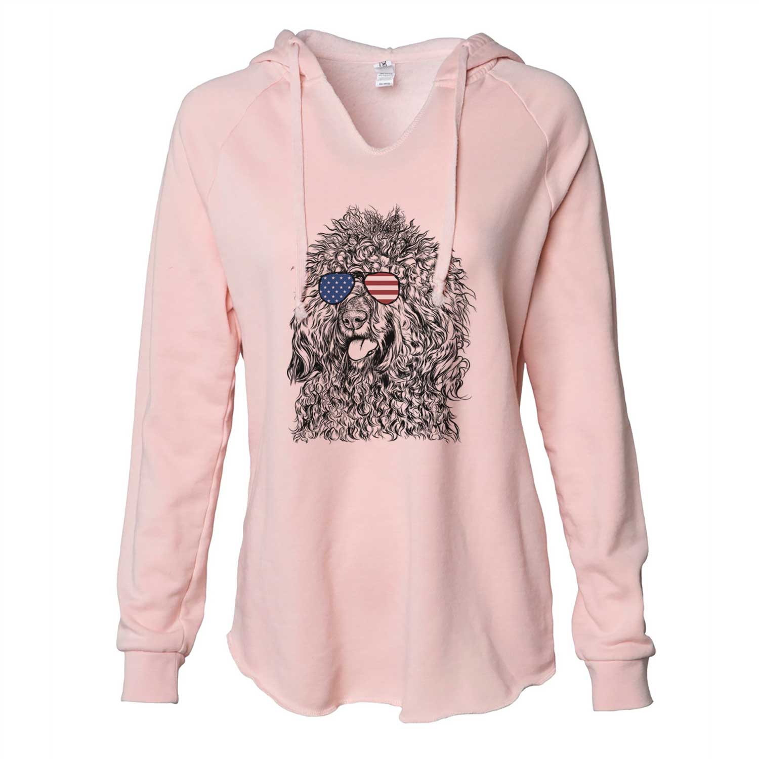 Hand-drawn sketch of Babs the Barbet wearing American flag sunglasses on a Blush Cali Wave Hooded Sweatshirt