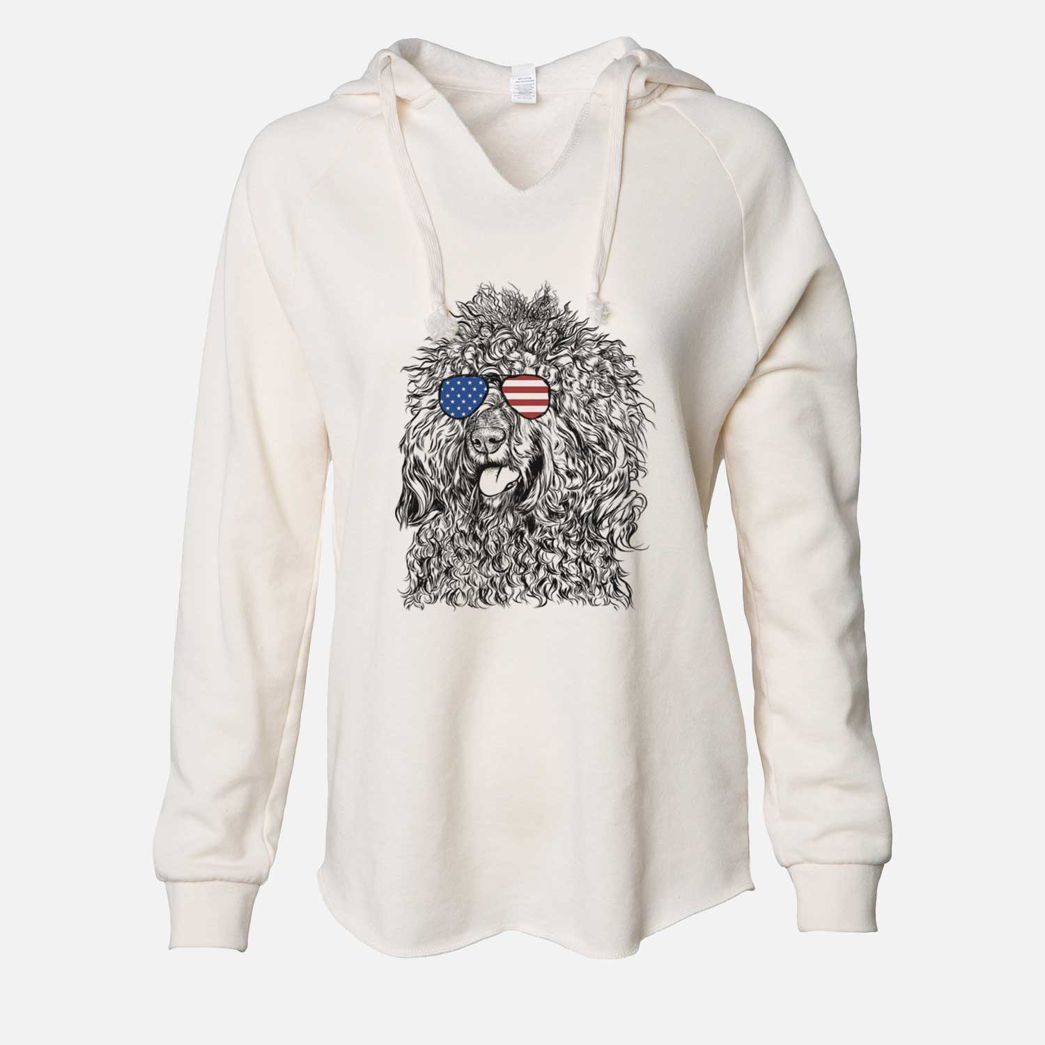 Hand-drawn sketch of Babs the Barbet wearing American flag sunglasses on a Bone Cali Wave Hooded Sweatshirt