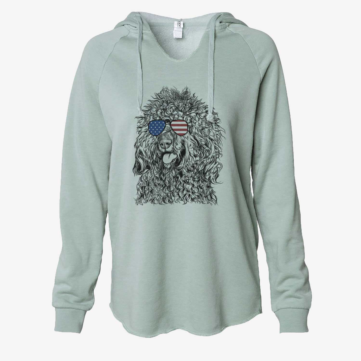 Hand-drawn sketch of Babs the Barbet wearing American flag sunglasses on a Sage Cali Wave Hooded Sweatshirt