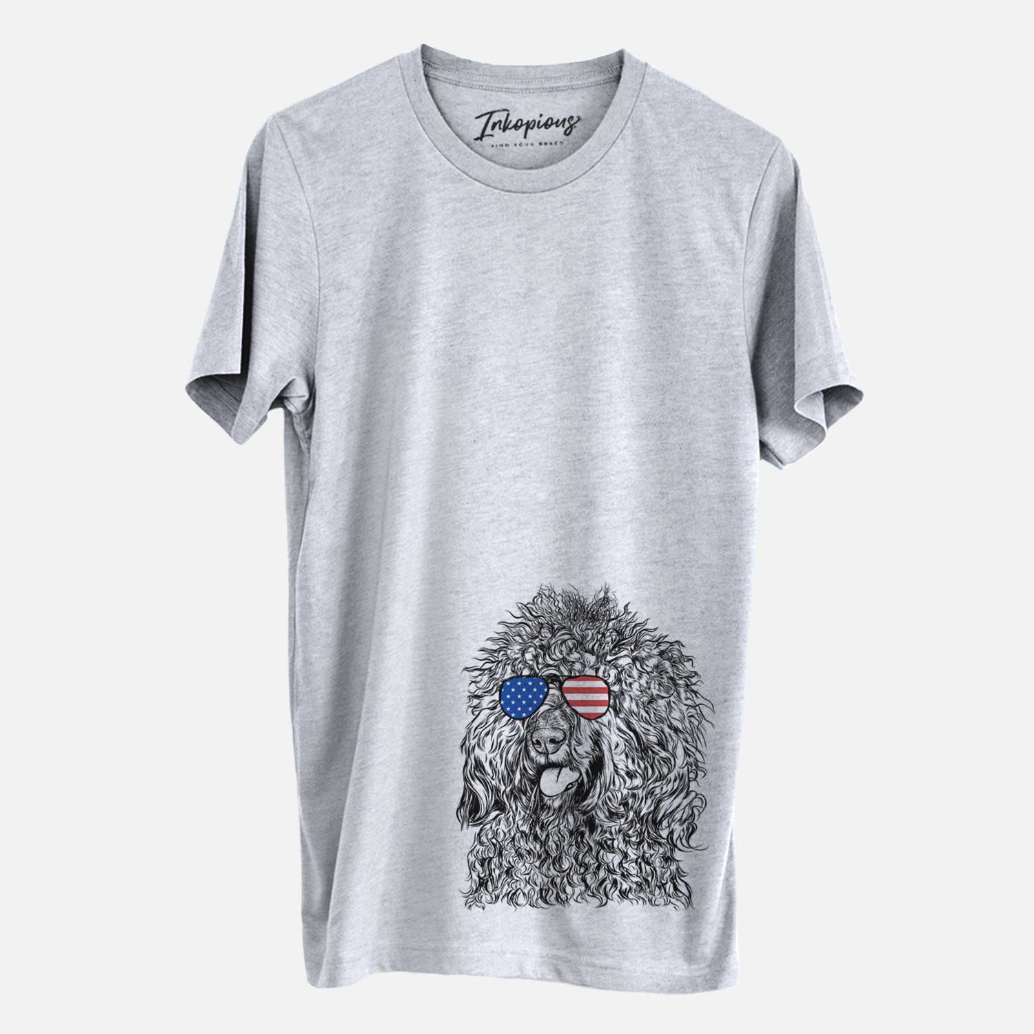 Hand-drawn sketch of Babs the Barbet wearing American flag sunglasses on a Grey Unisex crewneck