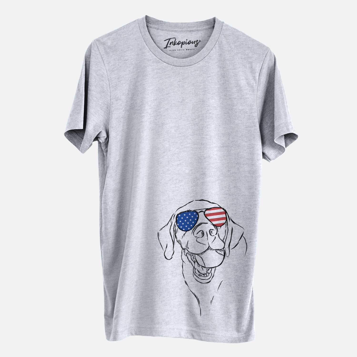 Hand-drawn sketch of Bailey the Labrador Retriever wearing American flag sunglasses on a Grey Unisex crewneck