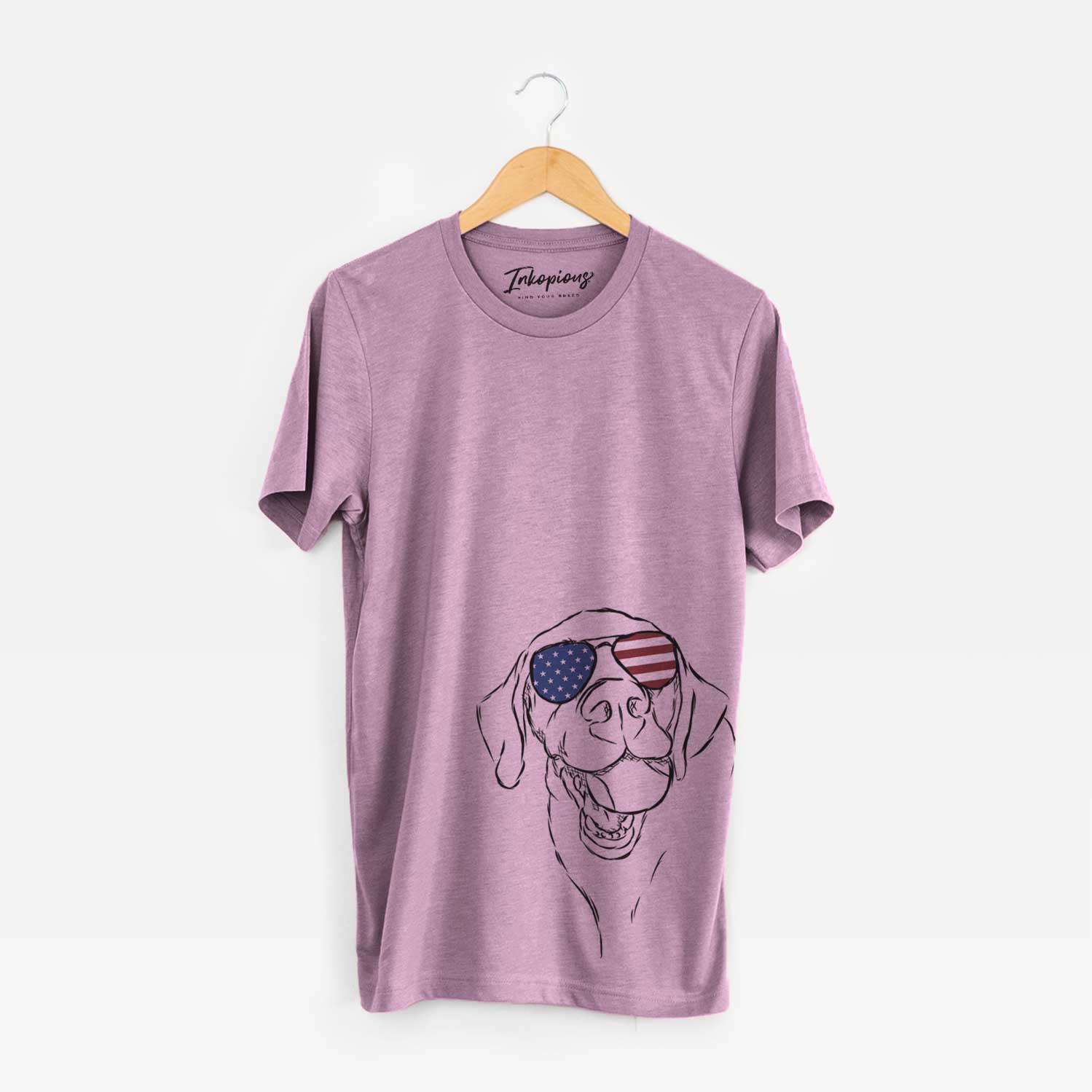 Hand-drawn sketch of Bailey the Labrador Retriever wearing American flag sunglasses on an Orchid Unisex crewneck