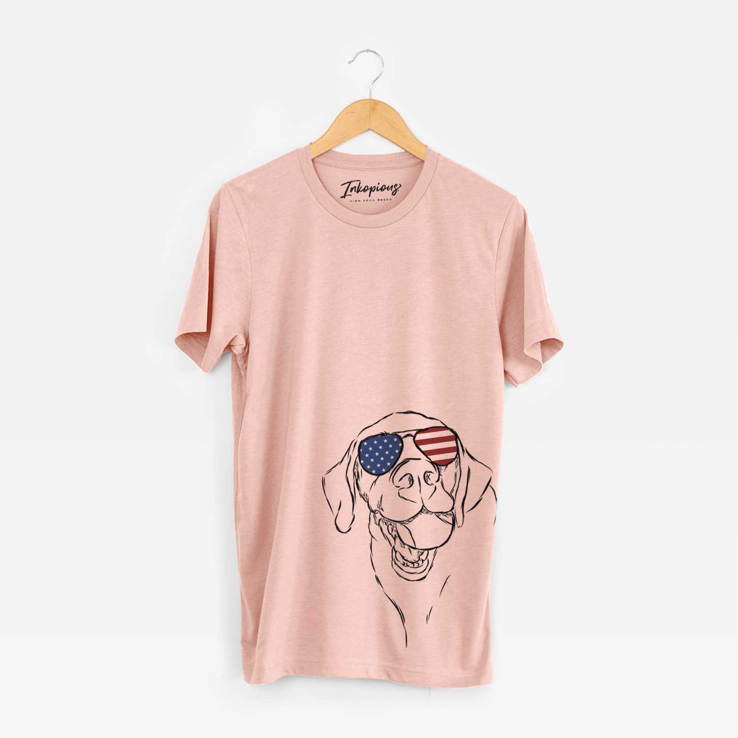 Hand-drawn sketch of Bailey the Labrador Retriever wearing American flag sunglasses on a Peach Unisex crewneck