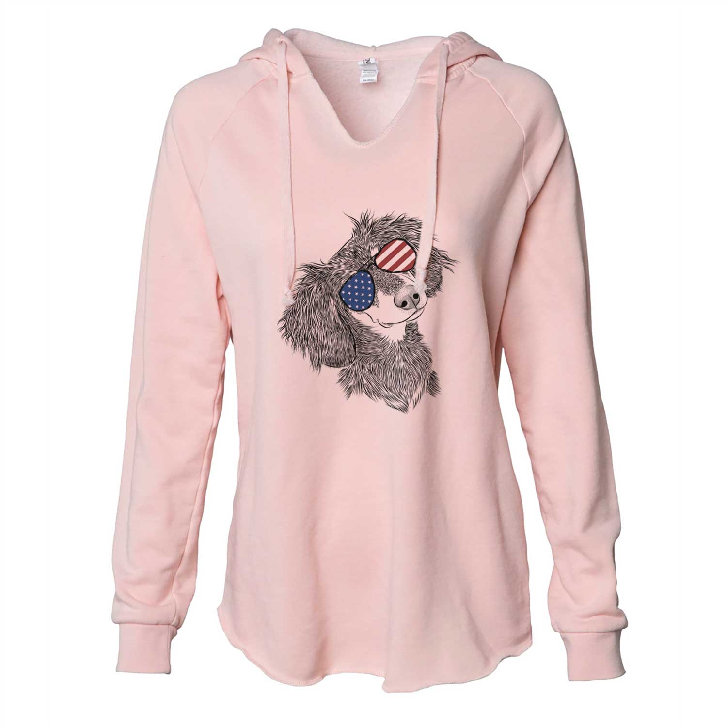 Hand-drawn sketch of Bailey the Long Haired Dachshund wearing American flag sunglasses on a Blush Cali Wave Hooded Sweatshirt