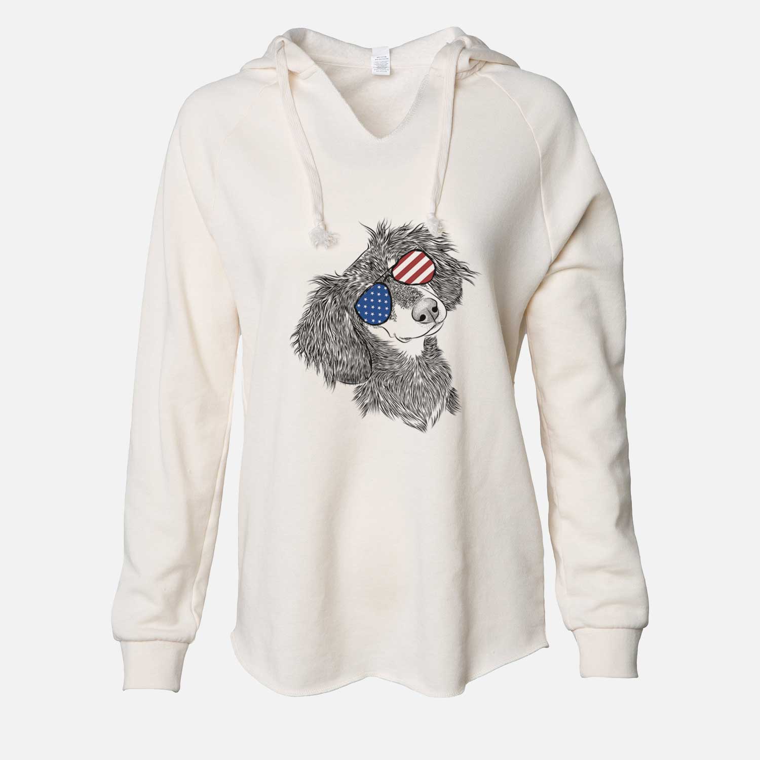 Hand-drawn sketch of Bailey the Long Haired Dachshund wearing American flag sunglasses on a Bone Cali Wave Hooded Sweatshirt