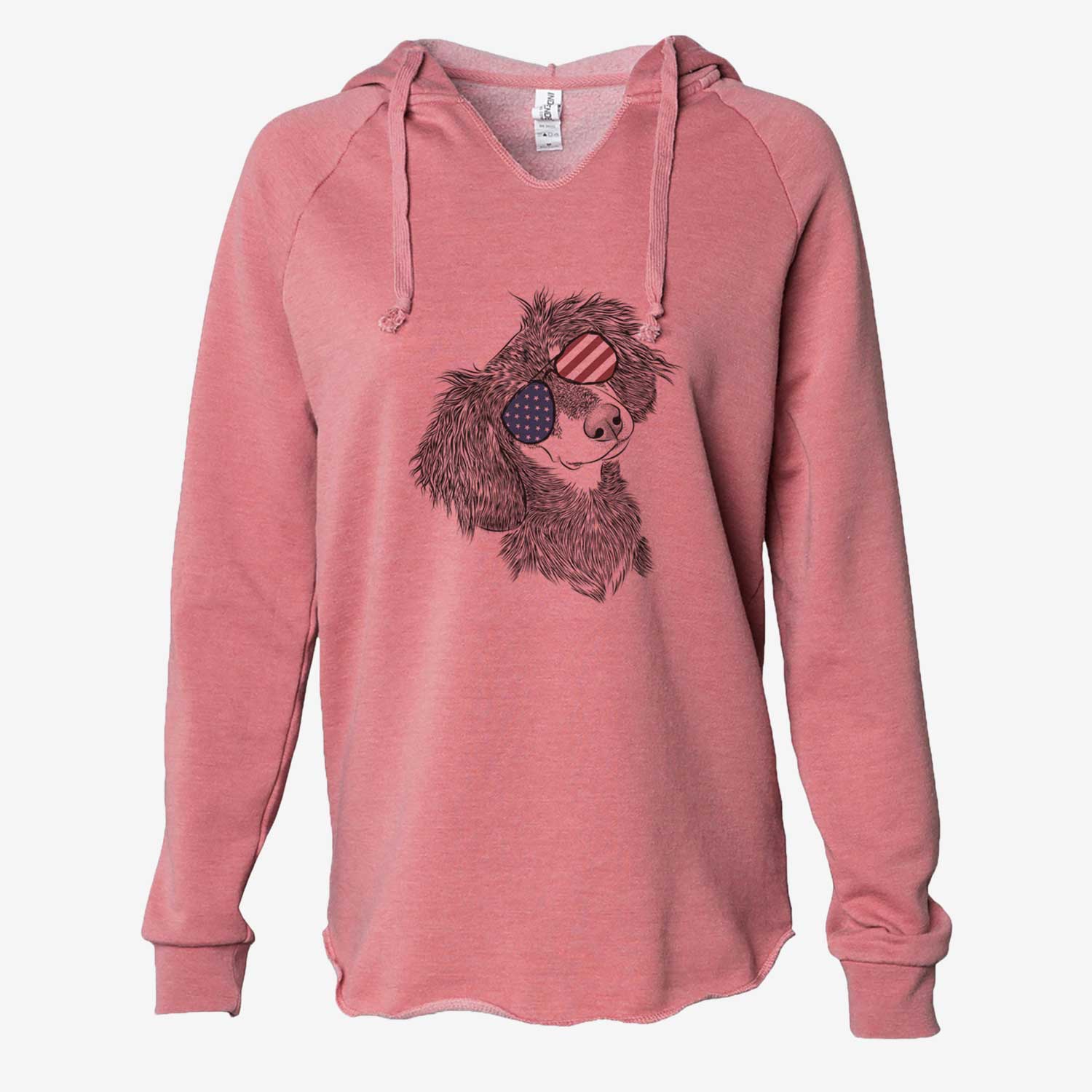 Hand-drawn sketch of Bailey the Long Haired Dachshund wearing American flag sunglasses on a Dusty Rose Cali Wave Hooded Sweatshirt