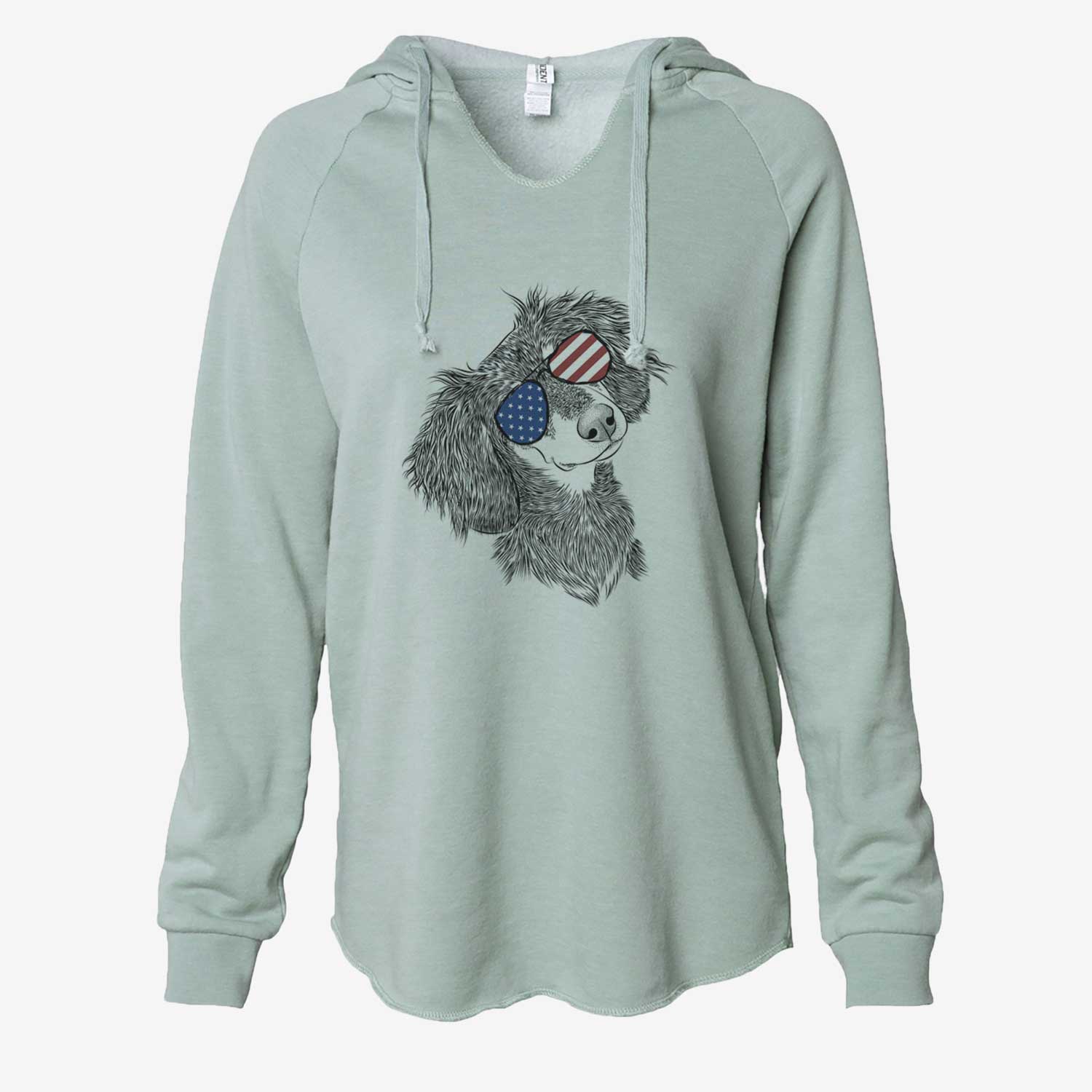 Hand-drawn sketch of Bailey the Long Haired Dachshund wearing American flag sunglasses on a Sage Cali Wave Hooded Sweatshirt