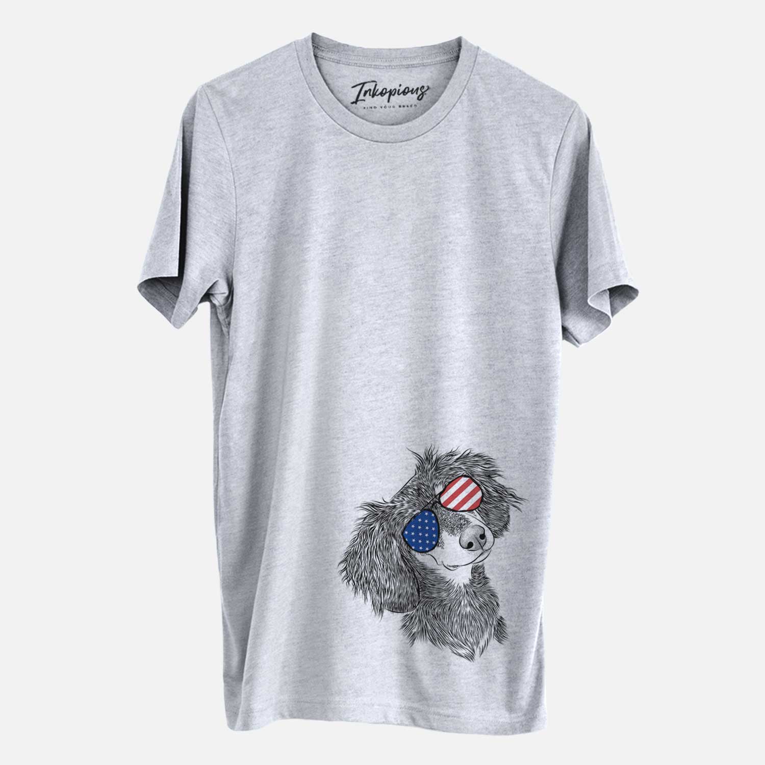 Hand-drawn sketch of Bailey the Long Haired Dachshund wearing American flag sunglasses on a Grey Unisex crewneck