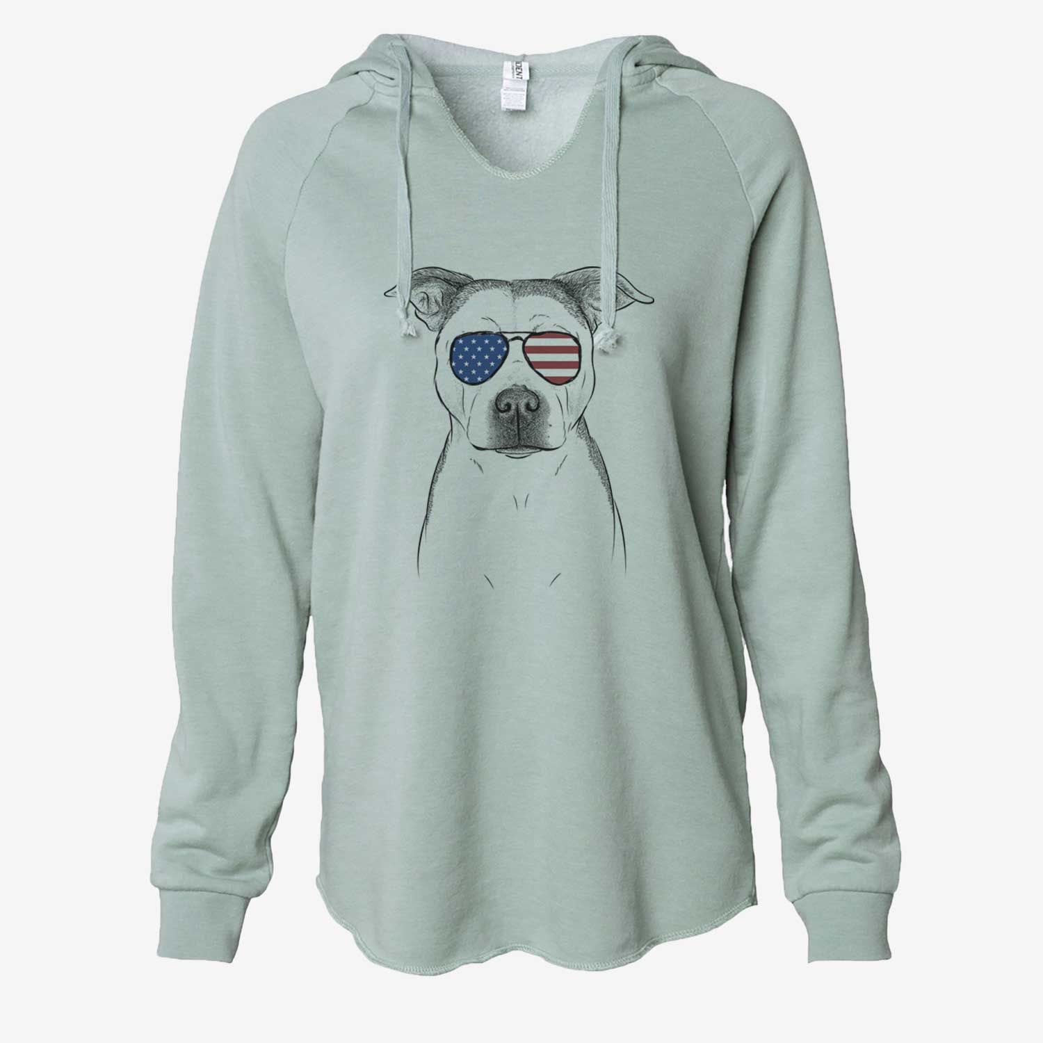 Hand-drawn sketch of Bailey the Pitbull wearing American flag sunglasses on a Sage Cali Wave Hooded Sweatshirt