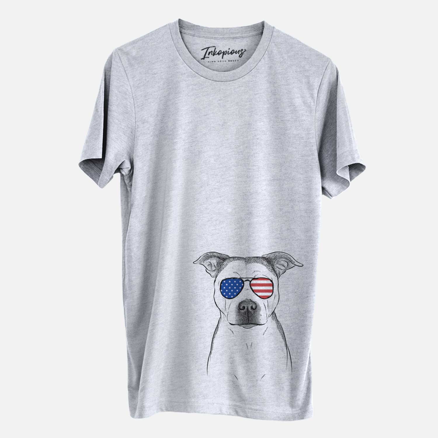 Hand-drawn sketch of Bailey the Pitbull wearing American flag sunglasses on a Grey Unisex crewneck