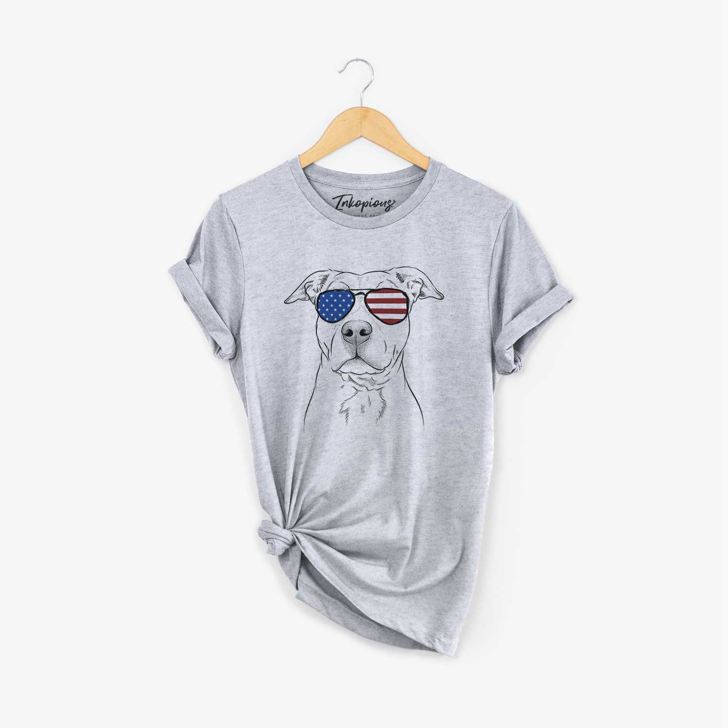 Hand-drawn sketch of Bailey the American Staffordshire Terrier wearing American flag sunglasses on a Grey Unisex crewneck