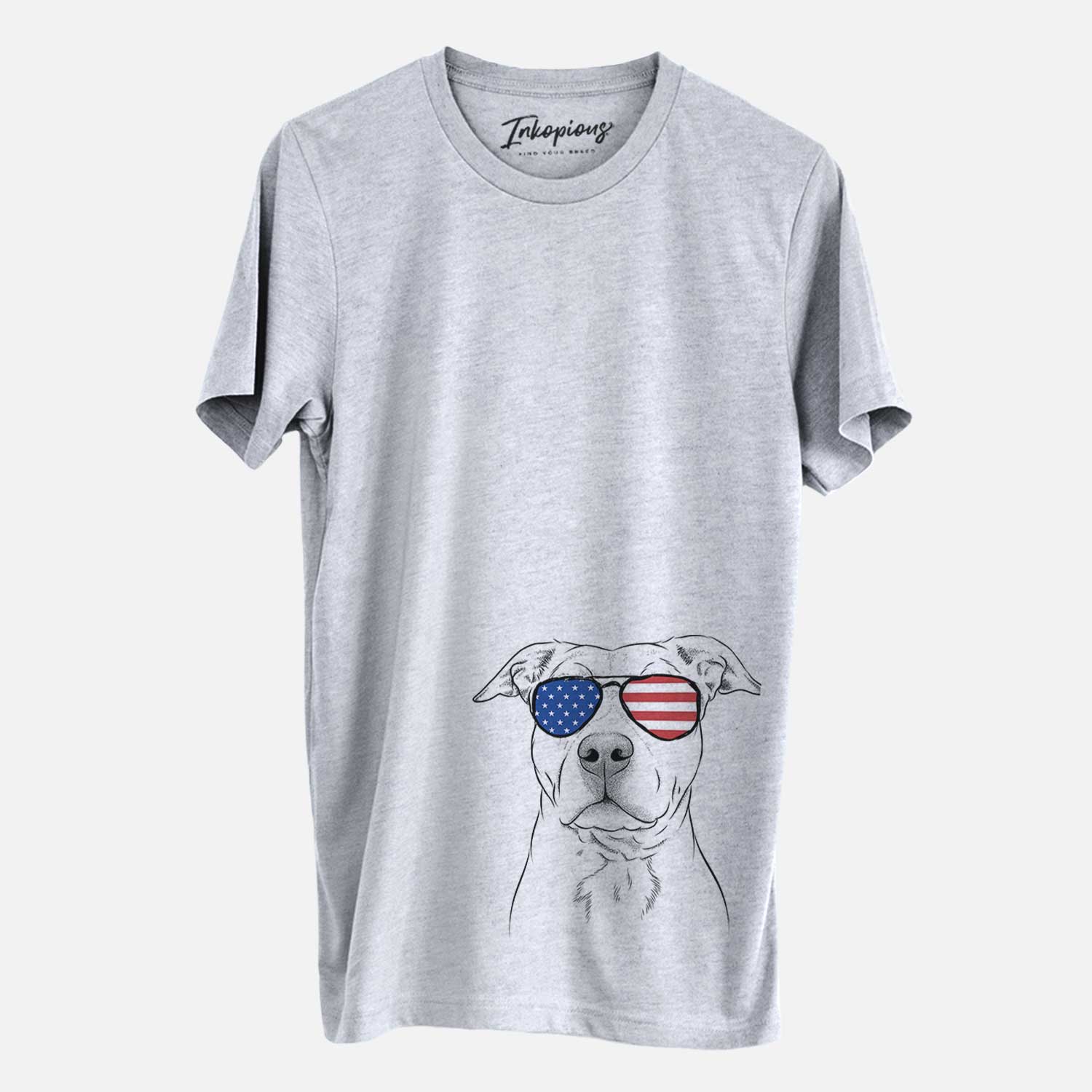 Hand-drawn sketch of Bailey the American Staffordshire Terrier wearing American flag sunglasses on a Grey Unisex crewneck
