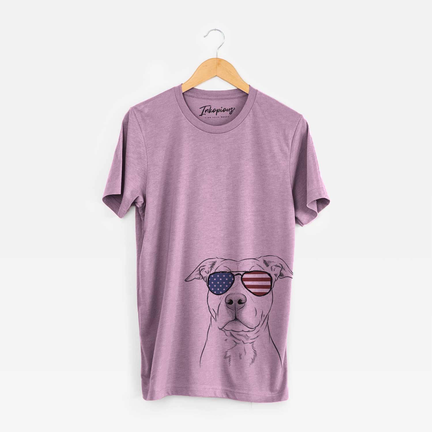 Hand-drawn sketch of Bailey the American Staffordshire Terrier wearing American flag sunglasses on an Orchid Unisex crewneck