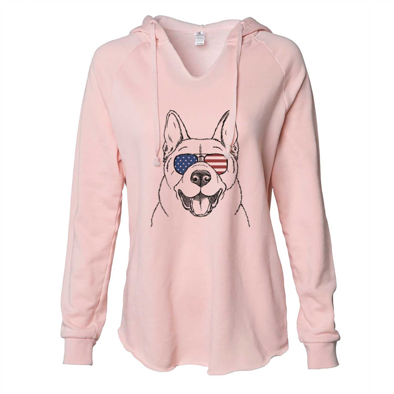 Hand-drawn sketch of Baku the Akita wearing American flag sunglasses on a Blush Cali Wave Hooded Sweatshirt