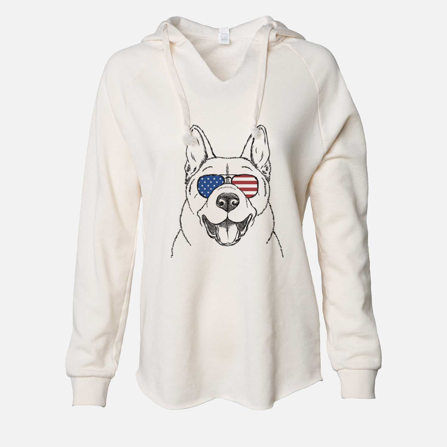Hand-drawn sketch of Baku the Akita wearing American flag sunglasses on a Bone Cali Wave Hooded Sweatshirt