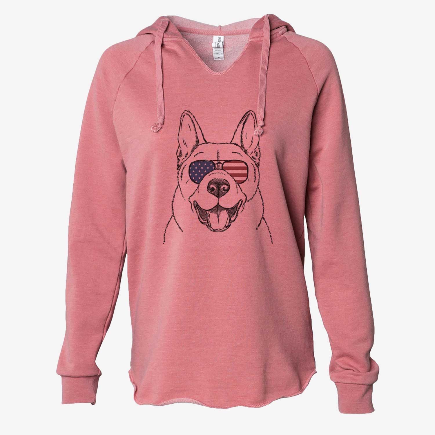 Hand-drawn sketch of Baku the Akita wearing American flag sunglasses on a Dusty Rose Cali Wave Hooded Sweatshirt