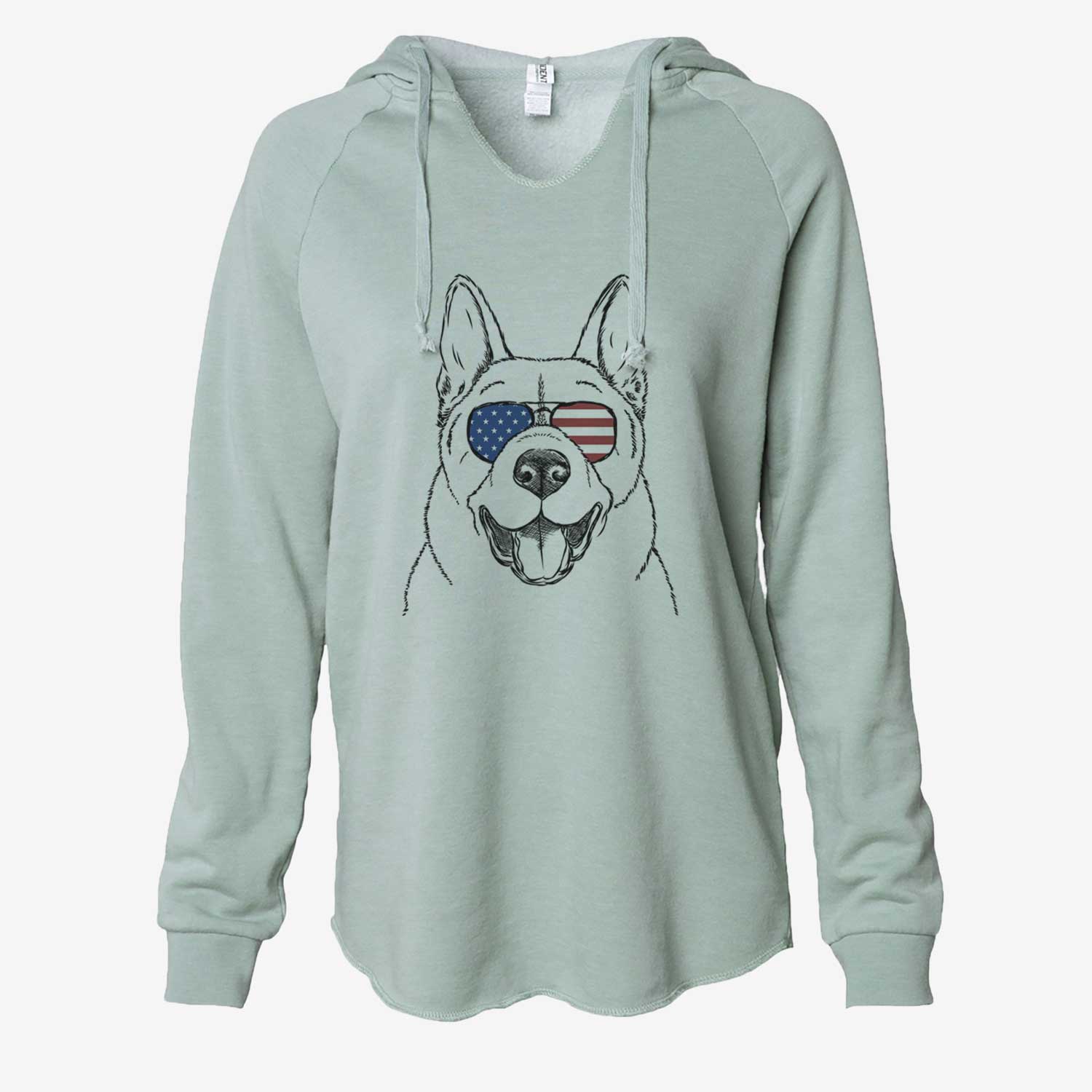 Hand-drawn sketch of Baku the Akita wearing American flag sunglasses on a Sage Cali Wave Hooded Sweatshirt