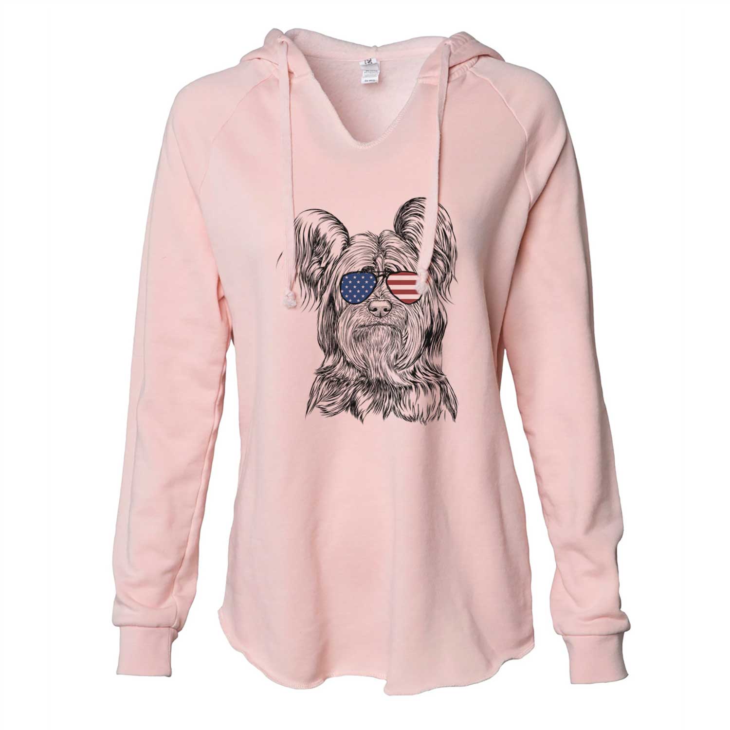 Hand-drawn sketch of Bandit the Skye Terrier wearing American flag sunglasses on a Blush Cali Wave Hooded Sweatshirt