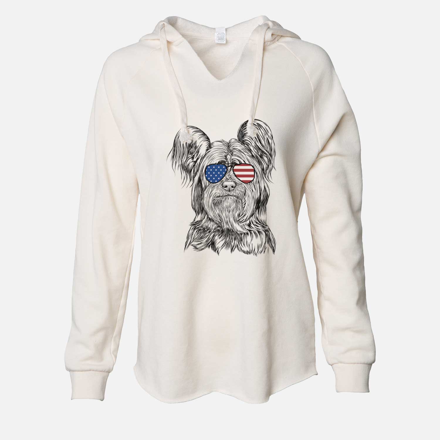 Hand-drawn sketch of Bandit the Skye Terrier wearing American flag sunglasses on a Bone Cali Wave Hooded Sweatshirt